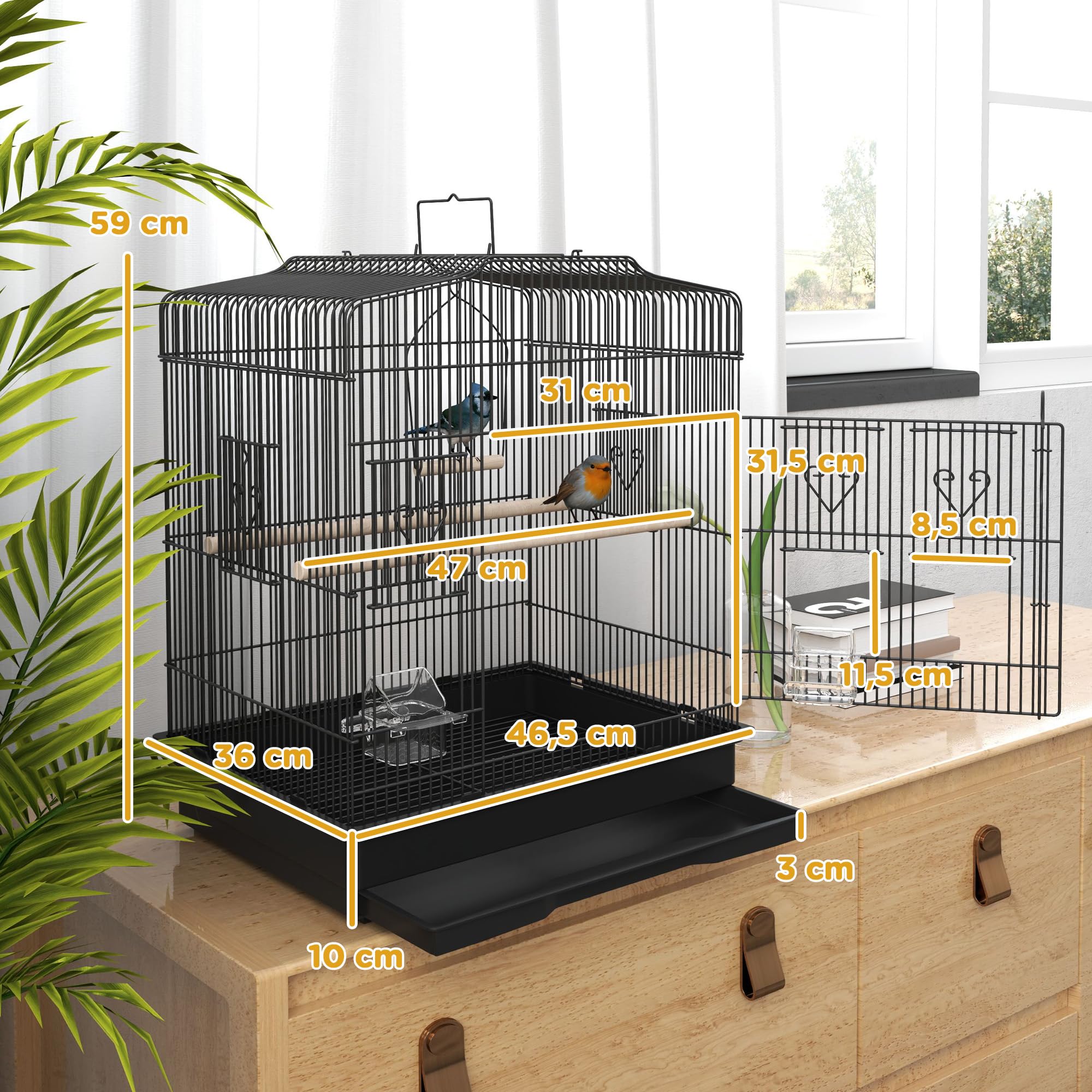 PawHut Jaula para Pájaros, Jaula de Acero para Pájaros con Puertas, 2 Comederos, 2 Perchas, Columpio, Bandeja Extraíble y Asa de Transporte, para Loro, Canario, Periquito, 46,5x36x59 cm, Negro