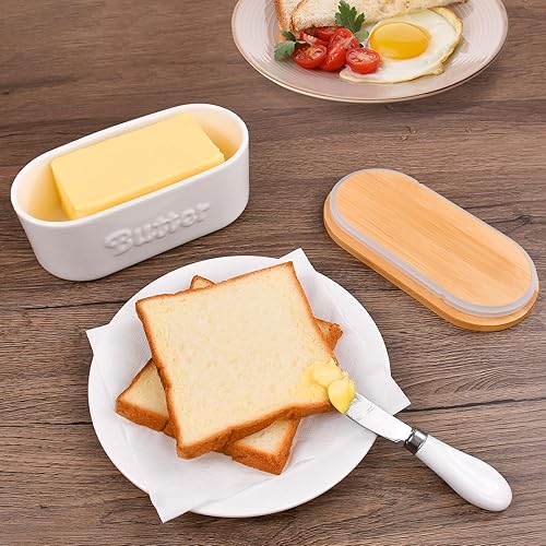 Miniatura 7 de Mantequillera con tapa, caja de mantequilla de cerámica, recipiente de mantequilla para mostrador, conservador de mantequilla con tapa y cuchillo