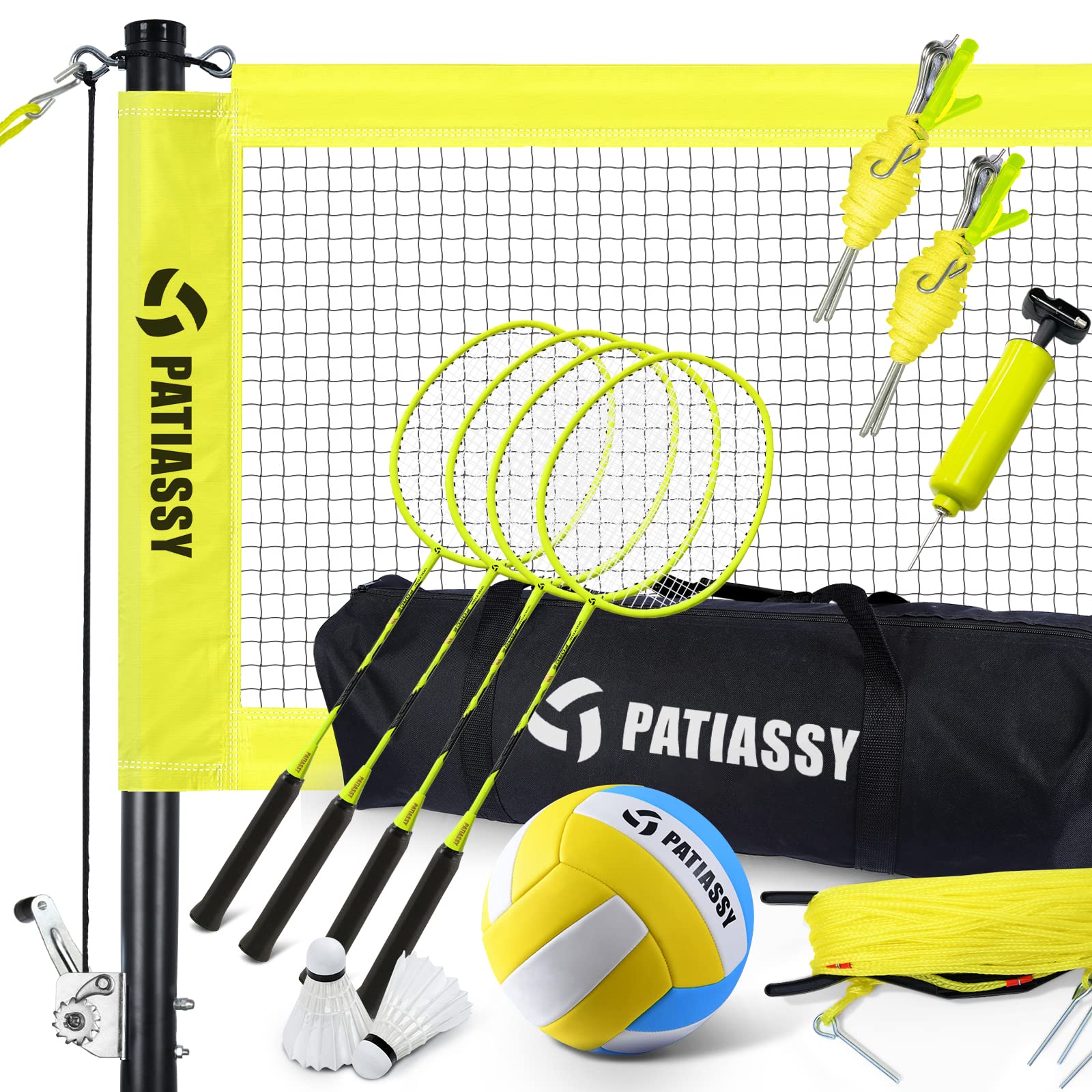 32ft, 26ft and 20ft Width and Height Adjustable Volleyball and Badminton Combo Set with Net, Winch System, 4 Badminton Rackets, 2 Goose Feather Shuttlecocks and Volleyball for Backyards