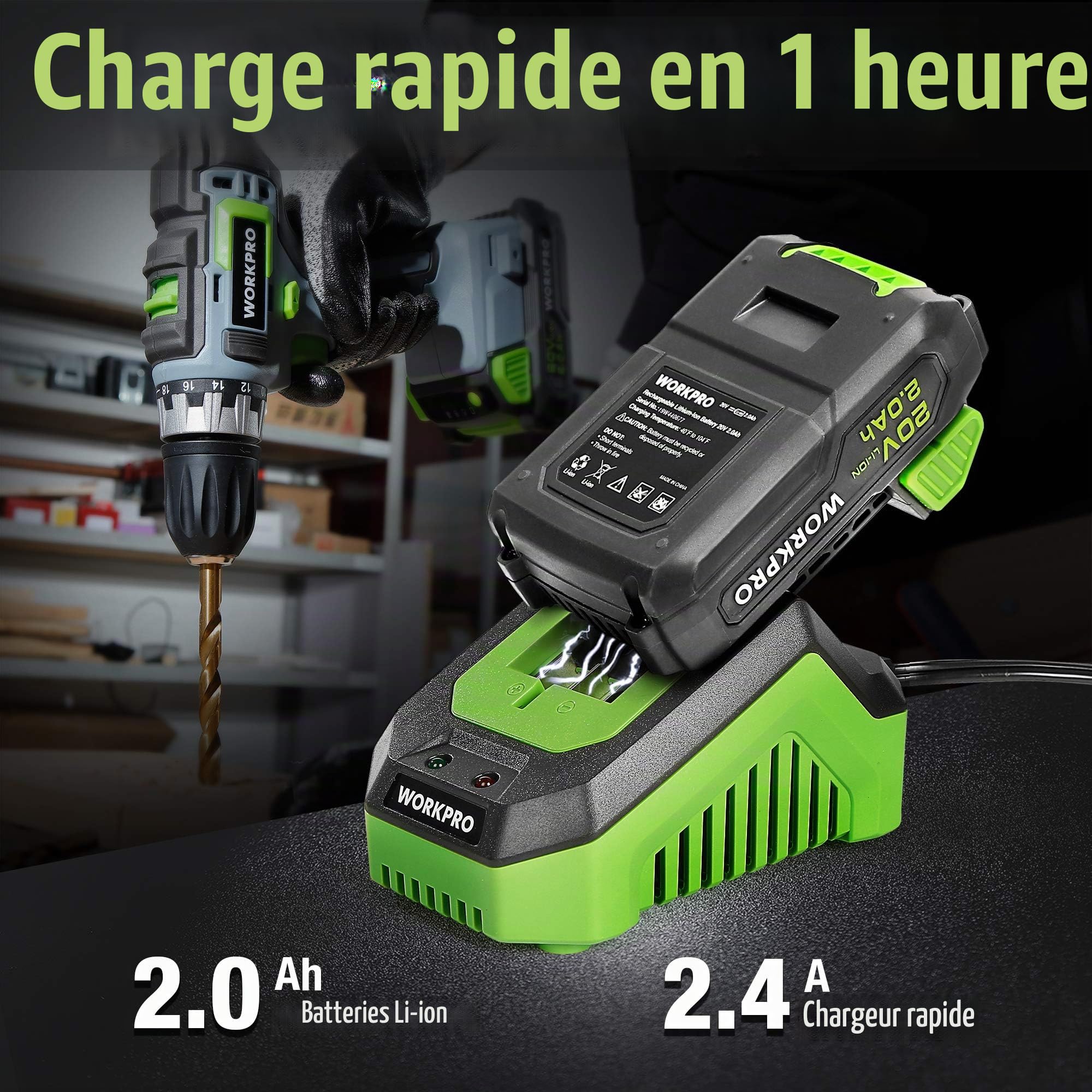 WORKPRO Perceuse Visseuse sans Fil 18V avec Mandrin 3/8’’, 2 Vitesses | Réglage de Couple 18 + 1, Charge Rapide 1H, Visseuse Devisseuse avec Batterie au Lithium-ion 2,0Ah et 16 Accessoirs