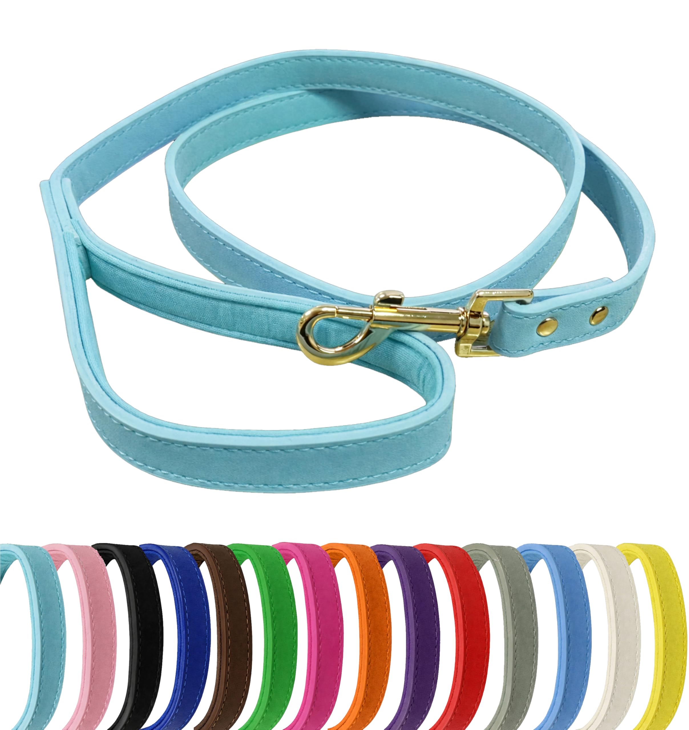 Vibrant Genuine Leather Dog Lead with Soft Neoprene Padded Handle & Metal 360° Swivel Clasp 120cm Leash (Baby Blue, Small (1.5cm Wide))