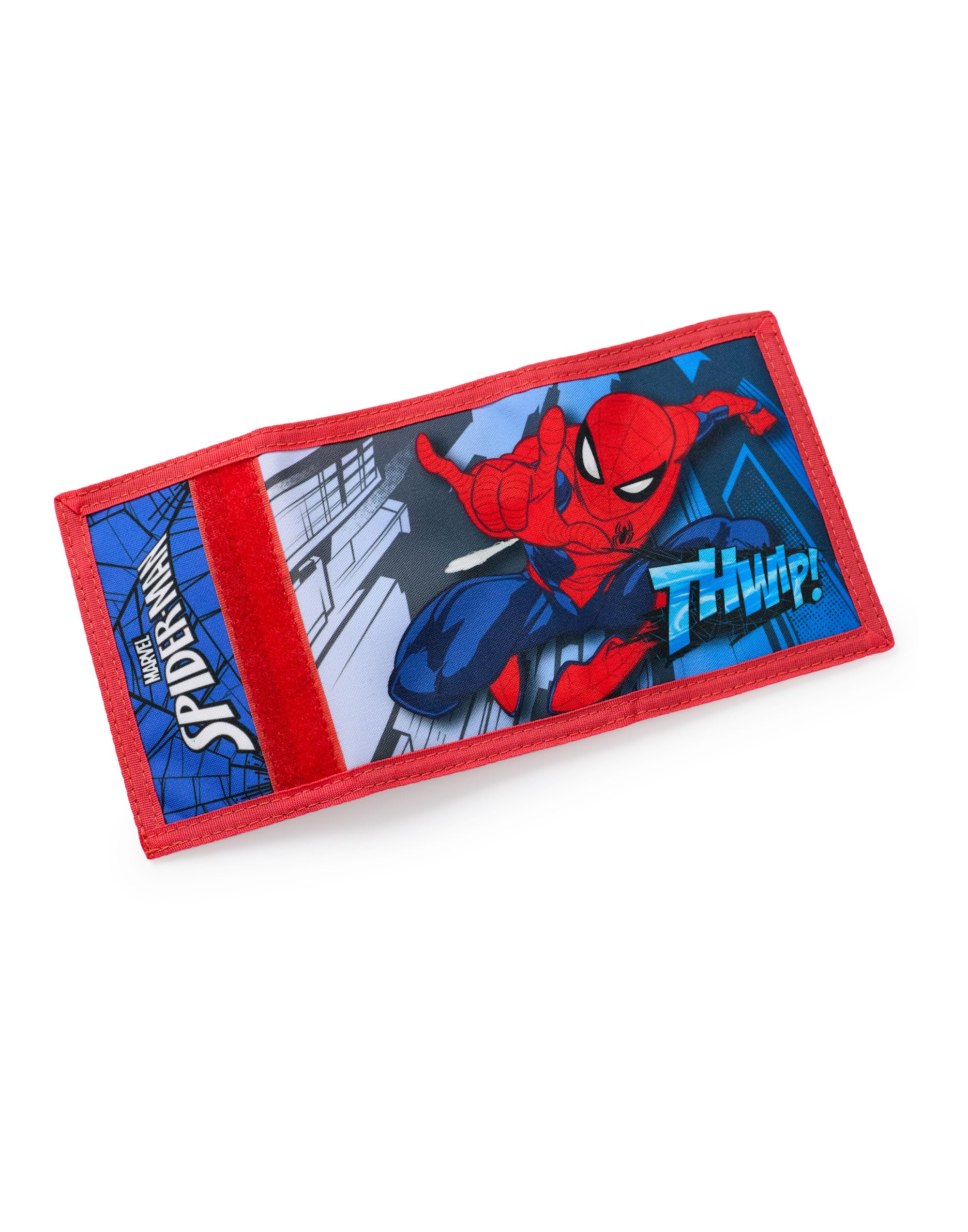 Marvel Cartera con gancho y bucle para niño Spiderman | Cartera Tríptico Roja con Spiderman 'THWIP!' Impresión gráfica para niños | Tarjetero y efectivo para niños con llavero con máscara de Spiderman