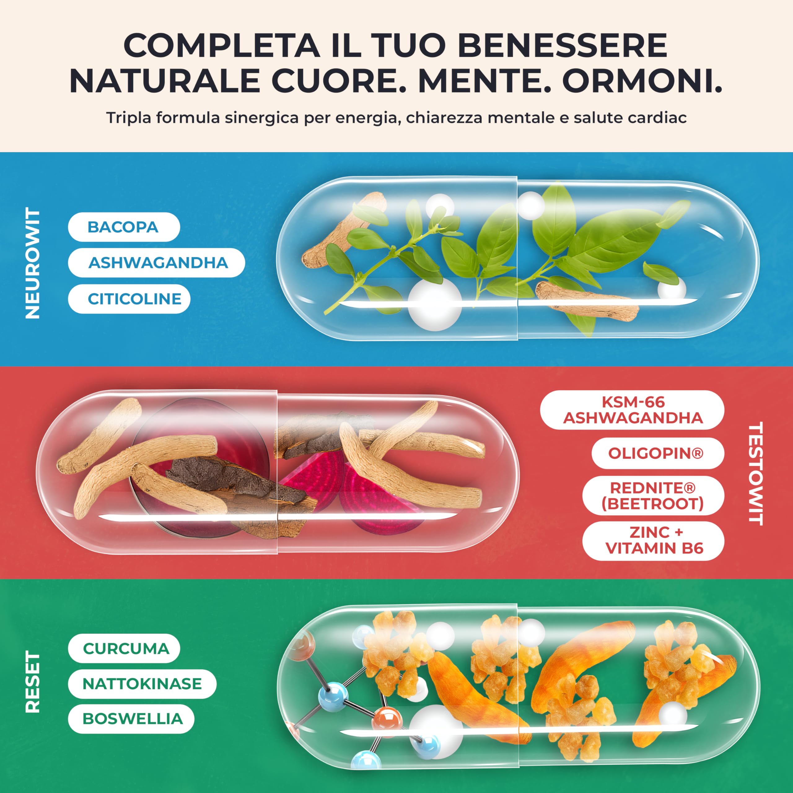 ORBIS NEUROWIT + TESTOWIT + RESET | Set Forza Totale Uomo | Supporto Cognitivo, Ormonale e Cardiaco Naturale | Con Bacopa, Ashwagandha, Curcuminoidi, Muira Puama e RedNite® | 330 Capsule