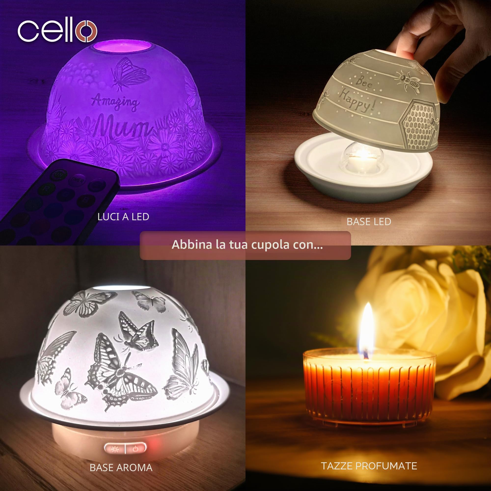 Cello Portacandele in porcellana a cupola, design a forma di gatto, con proiezione 3D e messaggio profumato, non profumato, candela a LED, scaldacera per amanti degli animali, regali della natura