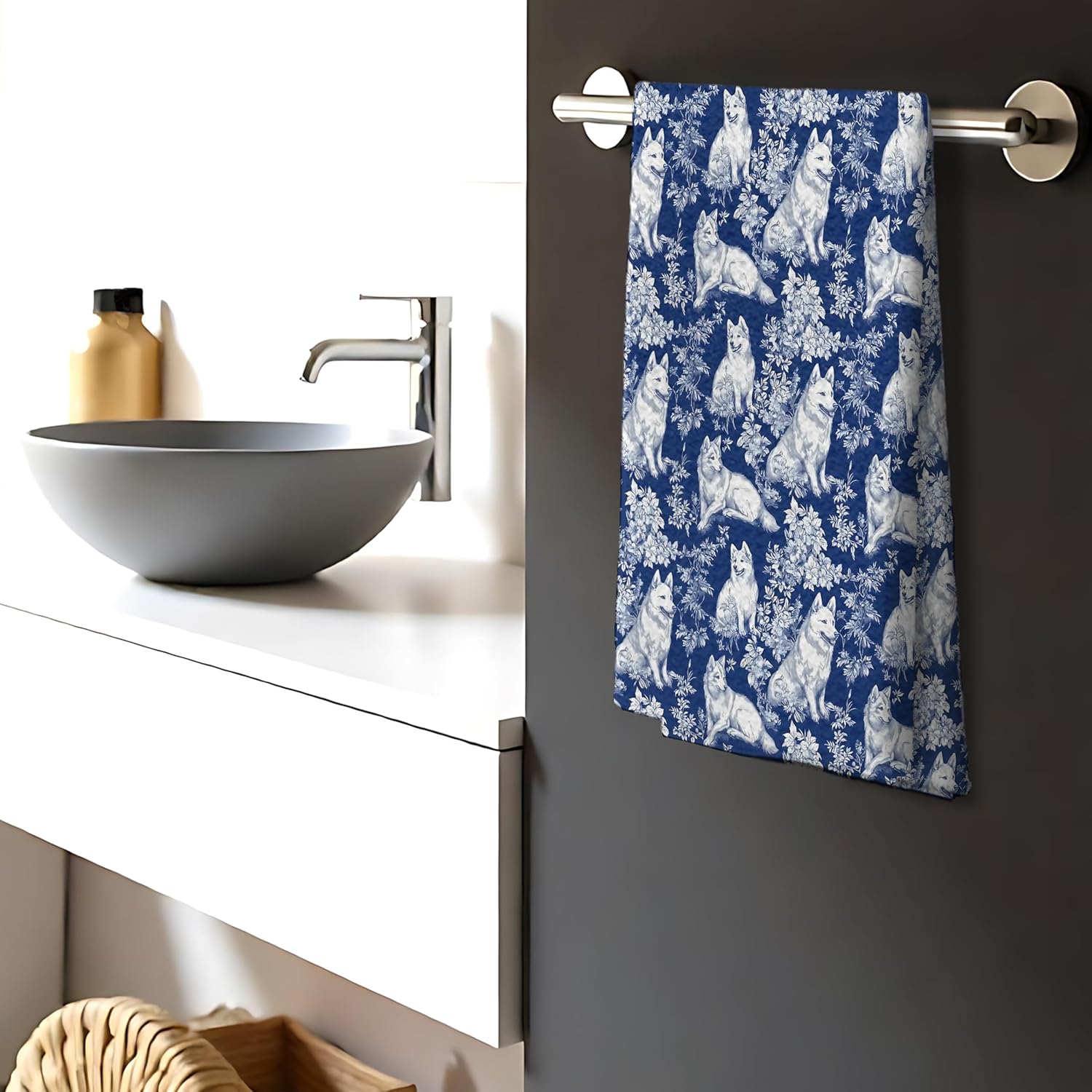 Siberian Husky Dog Gifts for Blue Chinoiserie Floral Decor Kitchen Towels，Blue and White Grandmillennial Husky Dog Decorative Dish Tea Towels for Bathroom,16x24 Inch - Image 3