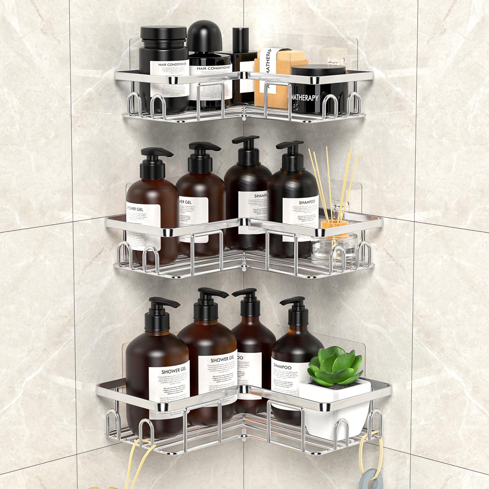 UUlioyer Duschablage Ohne Bohren Ecke, Duschregal aus Edelstahl SUS304, Badezimmer Regal Organizer, Shampoo Duschgel Halterung für Dusche (3 Stück Eckduschregal- Silber)