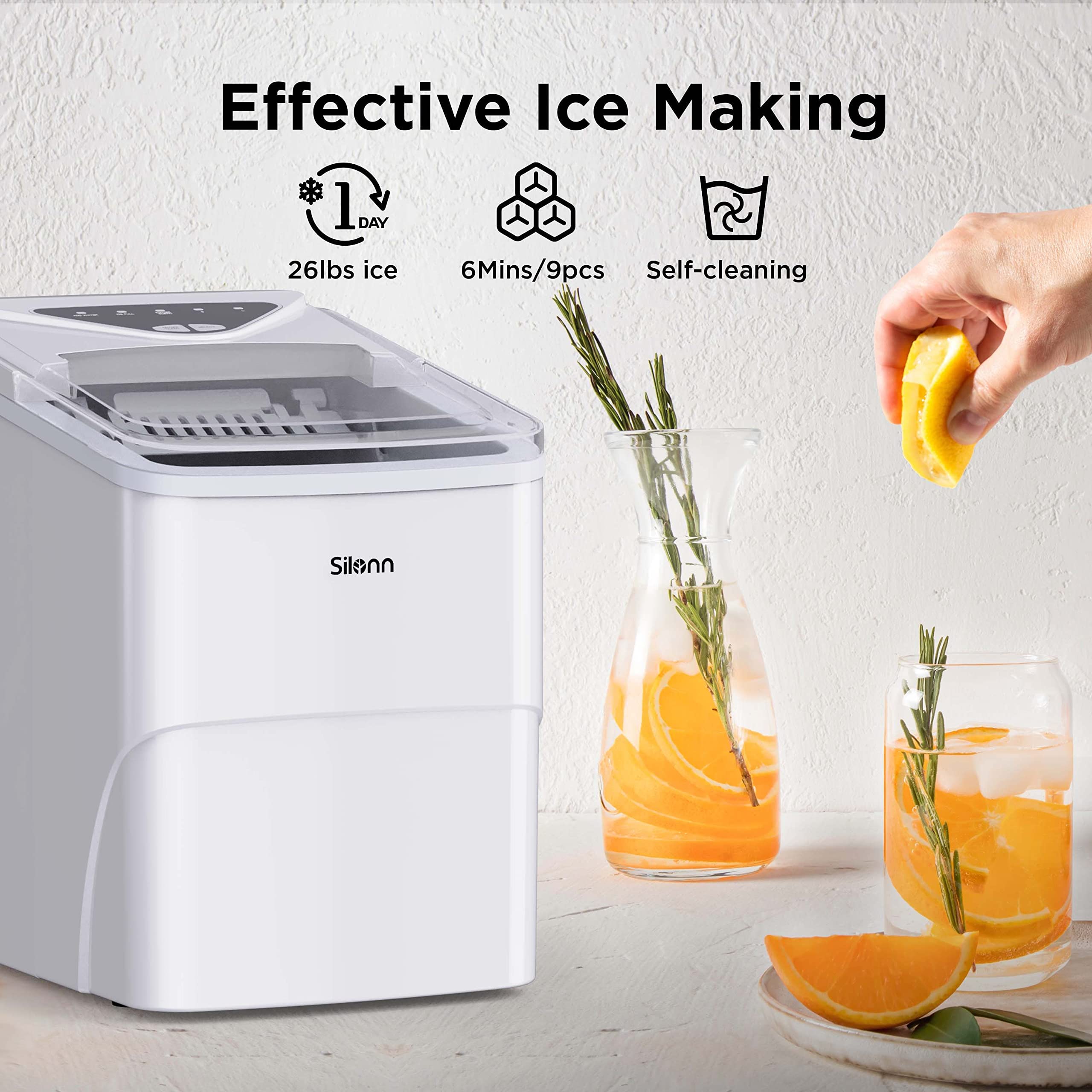 Silonn Ice Makers Countertop, 9 Cubes Ready In 6 Mins, Self-Cleaning Ice Machine With Ice Scoop And Basket, 26lbs In 24hrs, 2 Sizes Of Bullet Ice For Home Kitchen Office Bar Party, White on Fridge.com - View 2