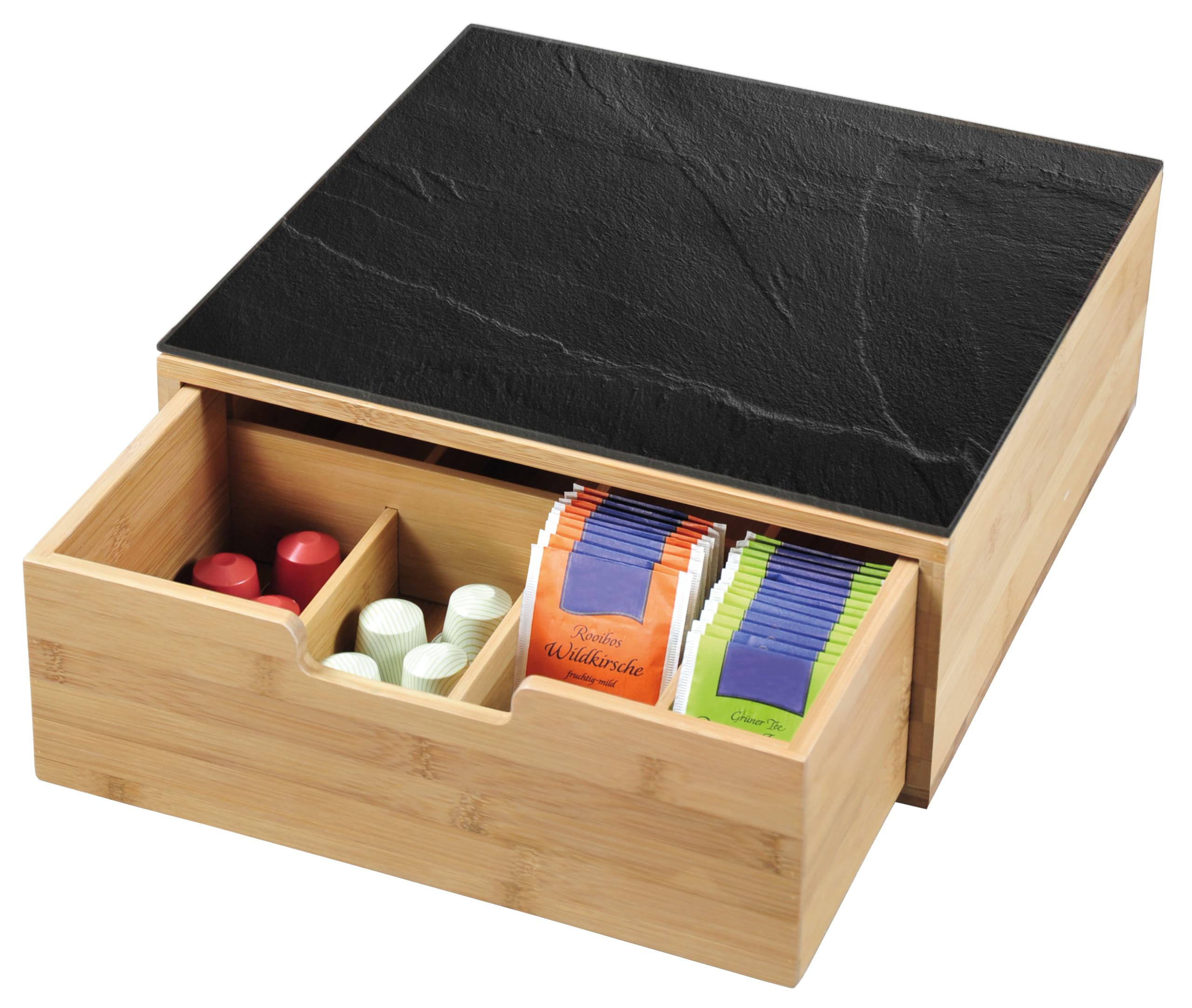 Kesper | Box mit Schublade, Material: Bambus, Glas, Maße: 30 x 31 x 9,5 cm, Farbe: Braun, Schwarz | 58951