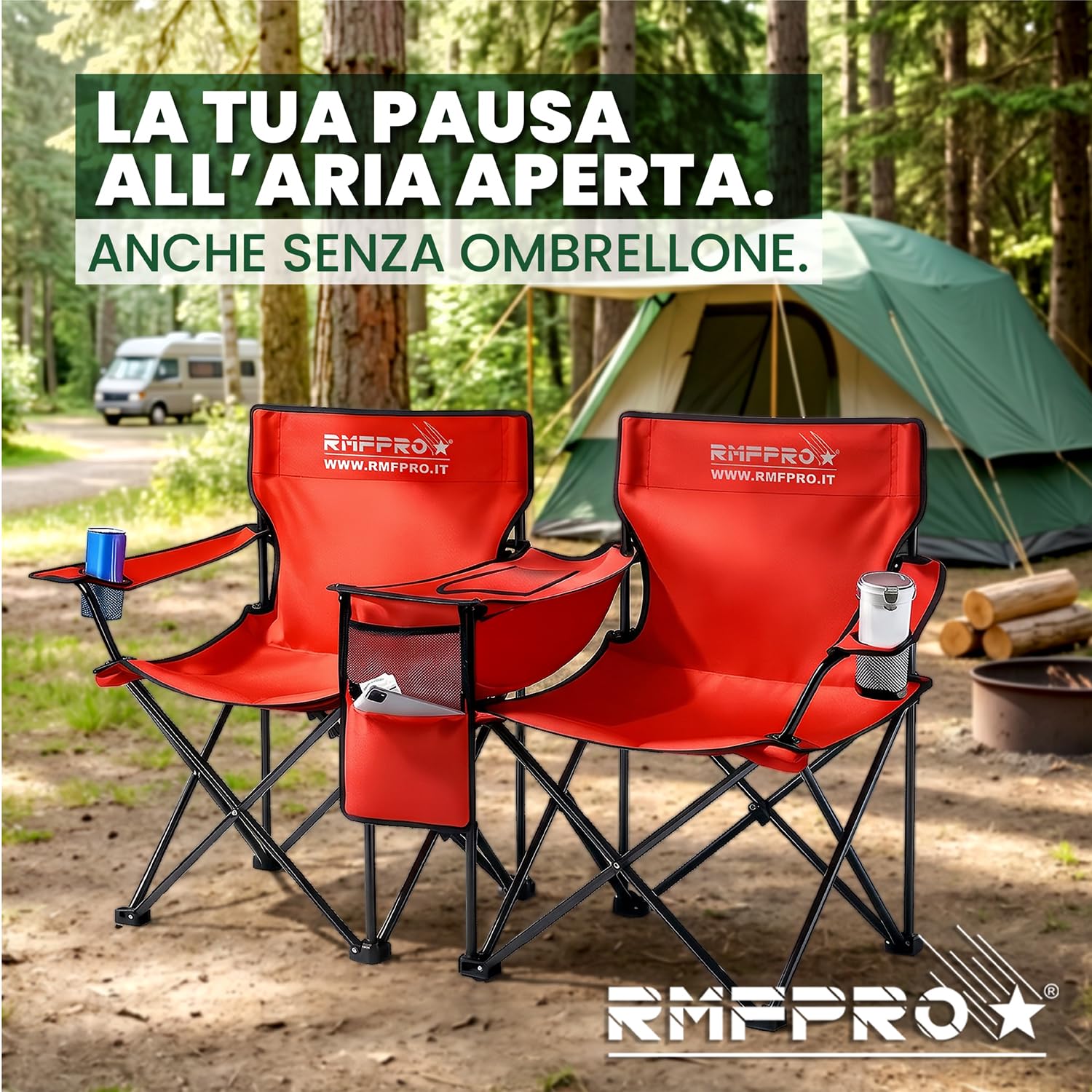 Set con Ombrellone e 2 Sedie da Esterno ideale per Mare o Campeggio, con Borsa Termica Centrale e Portabevende - Ideale anche per Pesca, Struttura in Acciaio con Custodia per Trasporto (Rosso)