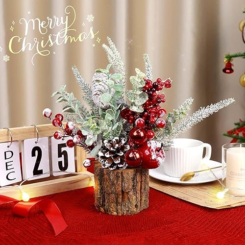 Miniatura 6 de Pequeño árbol de Navidad artificial de mesa, mini decoración de árbol de Navidad con adornos navideños, conos de pino de bayas rojas, vegetación