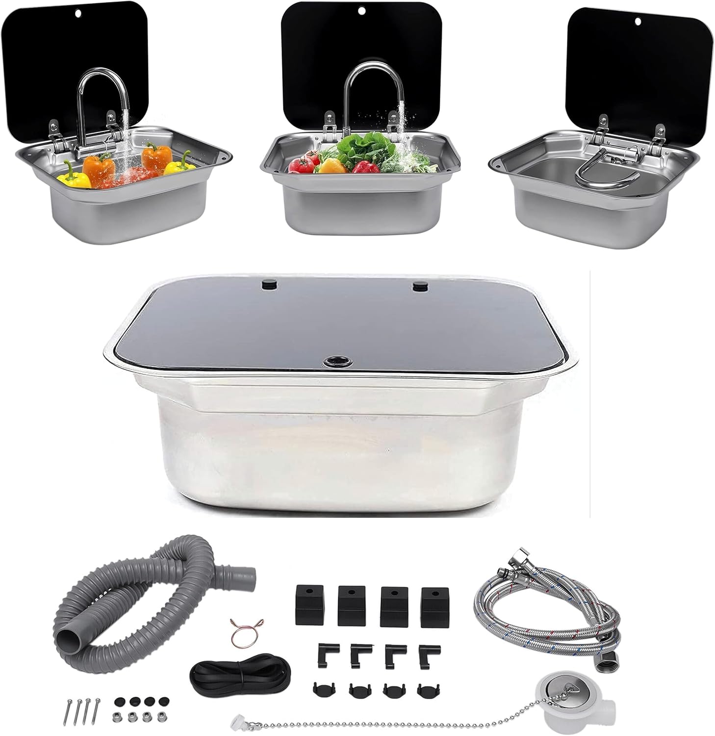 17in-Bar Kitchen RV Sink with Folde Faucet B& Cover, Stainless Steel Sink Caravan Boat Camper Van Sinks Small Hand Wash Basin Outdoor Trailer Accessories RV Parts