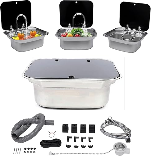 Miniatura 3 de YIYIBYUS Lavabo de lavabo de acero inoxidable con tapa de vidrio templado para caravana, cocina en casa, bar o barco, lavabo de mano de acero
