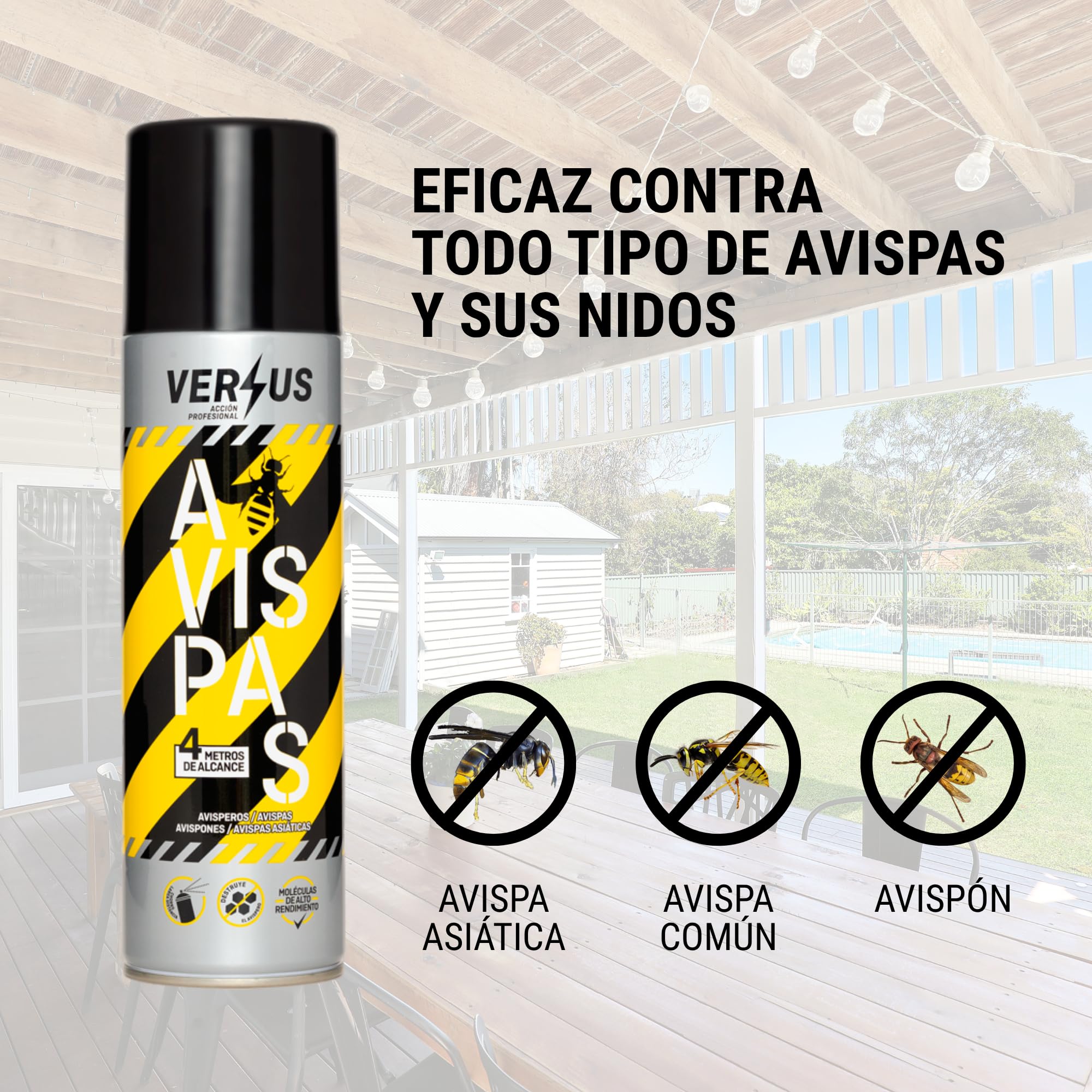 VERSUS AVISPAS - Insecticida Avispas, Avispones y Avisperos - Eficaz contra Avispa Asiática - Largo Alcance 4 Metros - Eficacia Inmediata y a Distancia - Destruye el Nido y Evita Nuevas Reproducciones