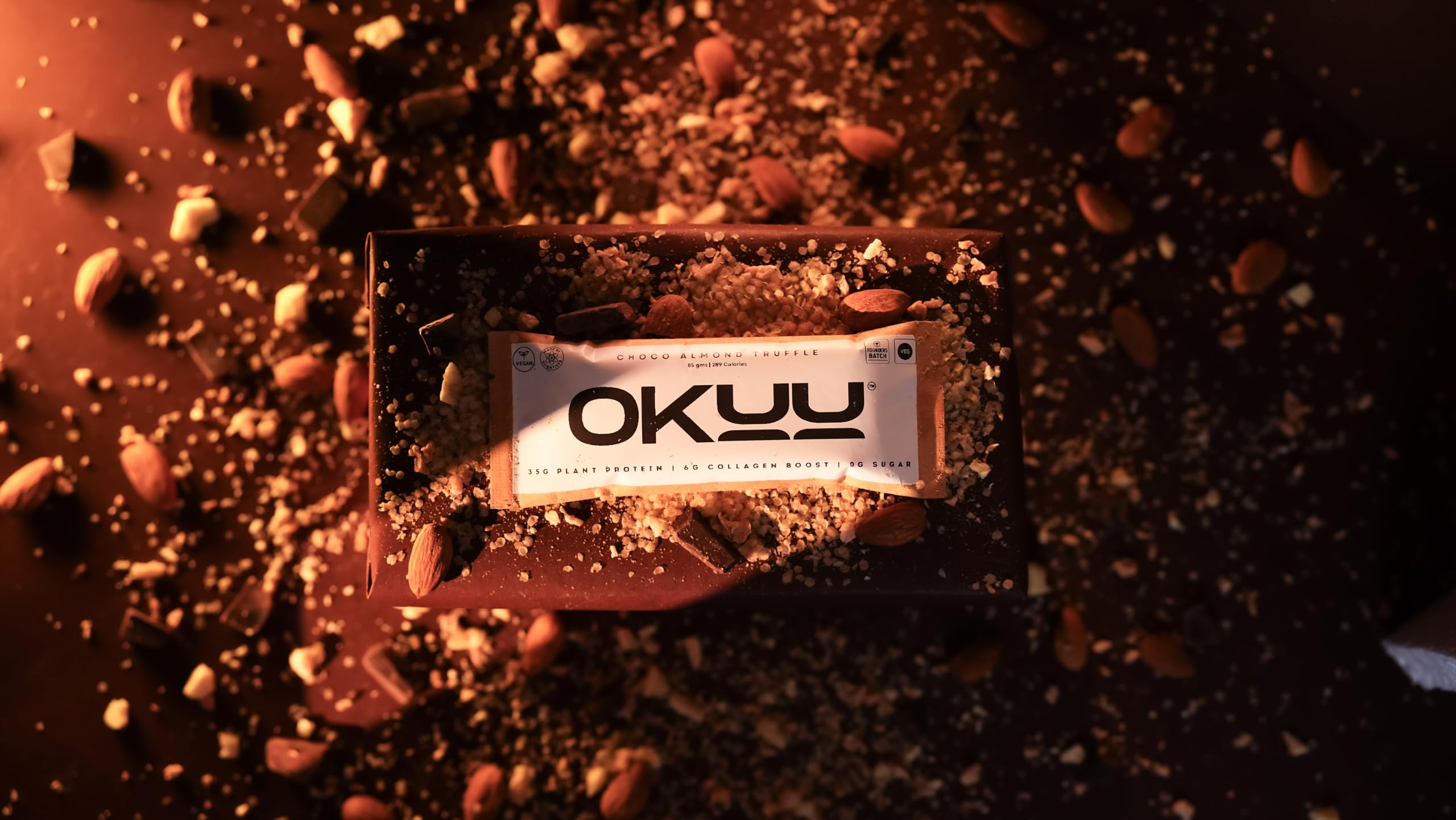 OKUU Choco Almond Truffle Plant Protein Bar | Founder Batch 35G | 5G Engineered Space Grade Nutrition | Keto Friendly Vegan High Protein Snack | Collagen Boost | Pack of 30