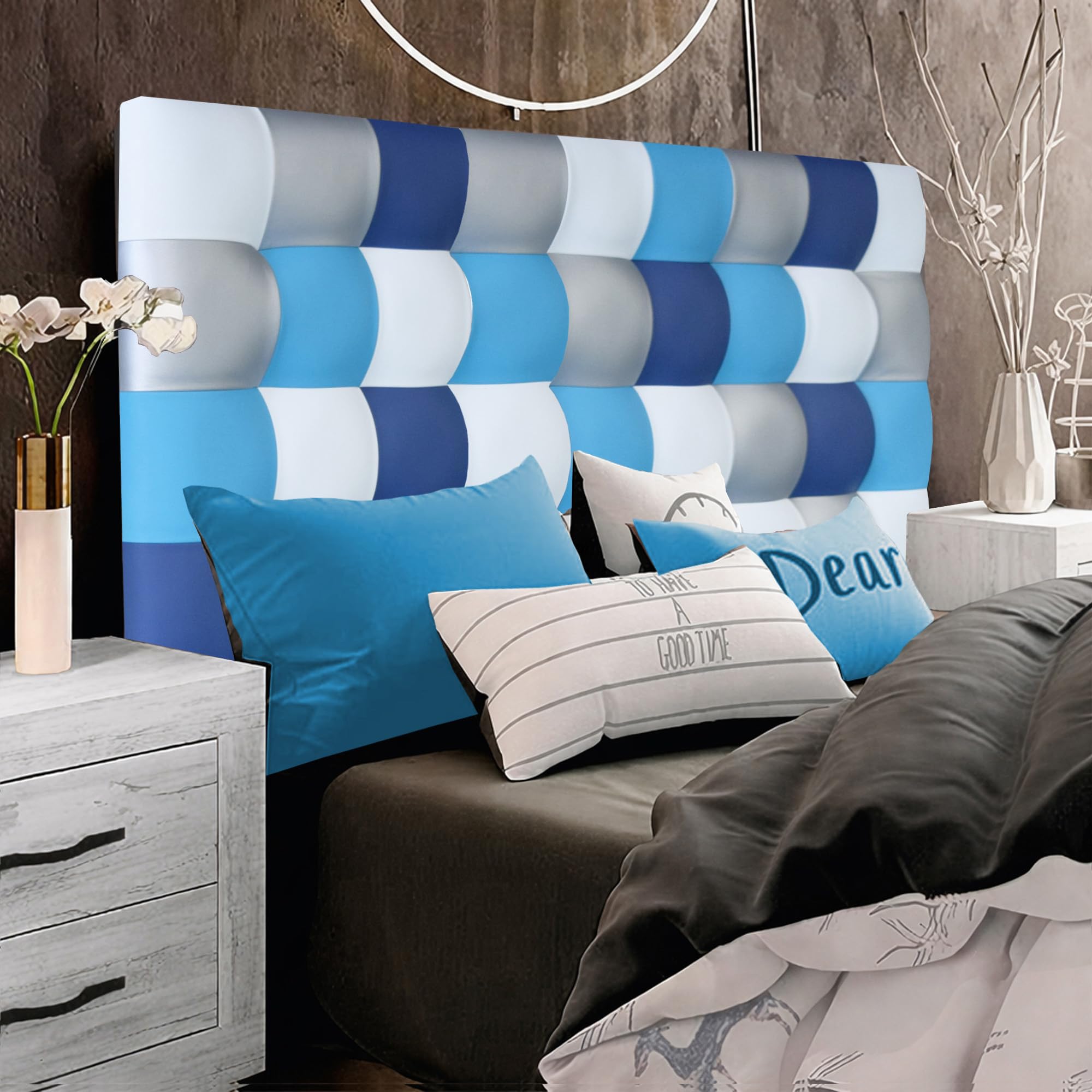 ONEK-DECCO Cabecero de Cama tapizado en Polipiel de Dormitorio Mod. Kansas Patchwork 12,Acolchado de Espuma Varias Medidas, Cama de niño, Juvenil y Matrimonio (150X70, Blanco-Turquesa-Plata-Azul)