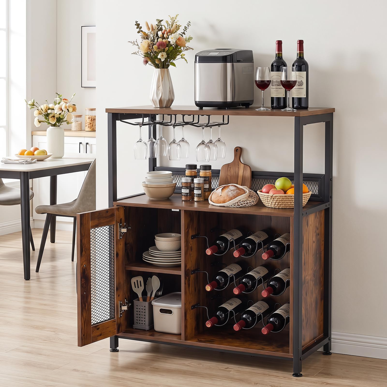 GIANTEX Armoire à Vin avec 3 Porte-Verres et Casiers à 9 Bouteilles, Meuble à Vin avec Kit Anti-Basculement, Organisateur Industrielle pour Salon, Salle à Manger, Cuisine, Bar, Marron Rustique