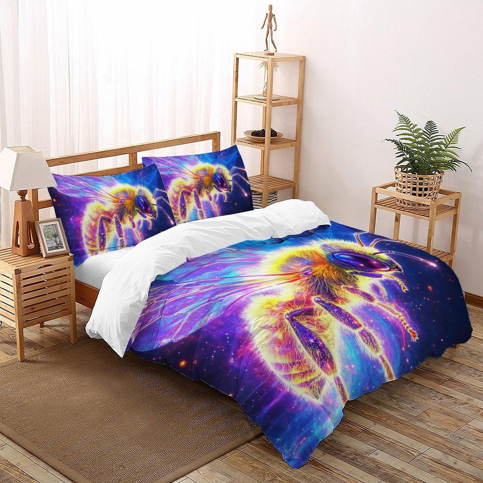 Housse de couette abeille 260x220 cm en microfibre avec 2 taies d'oreiller pour lit super king