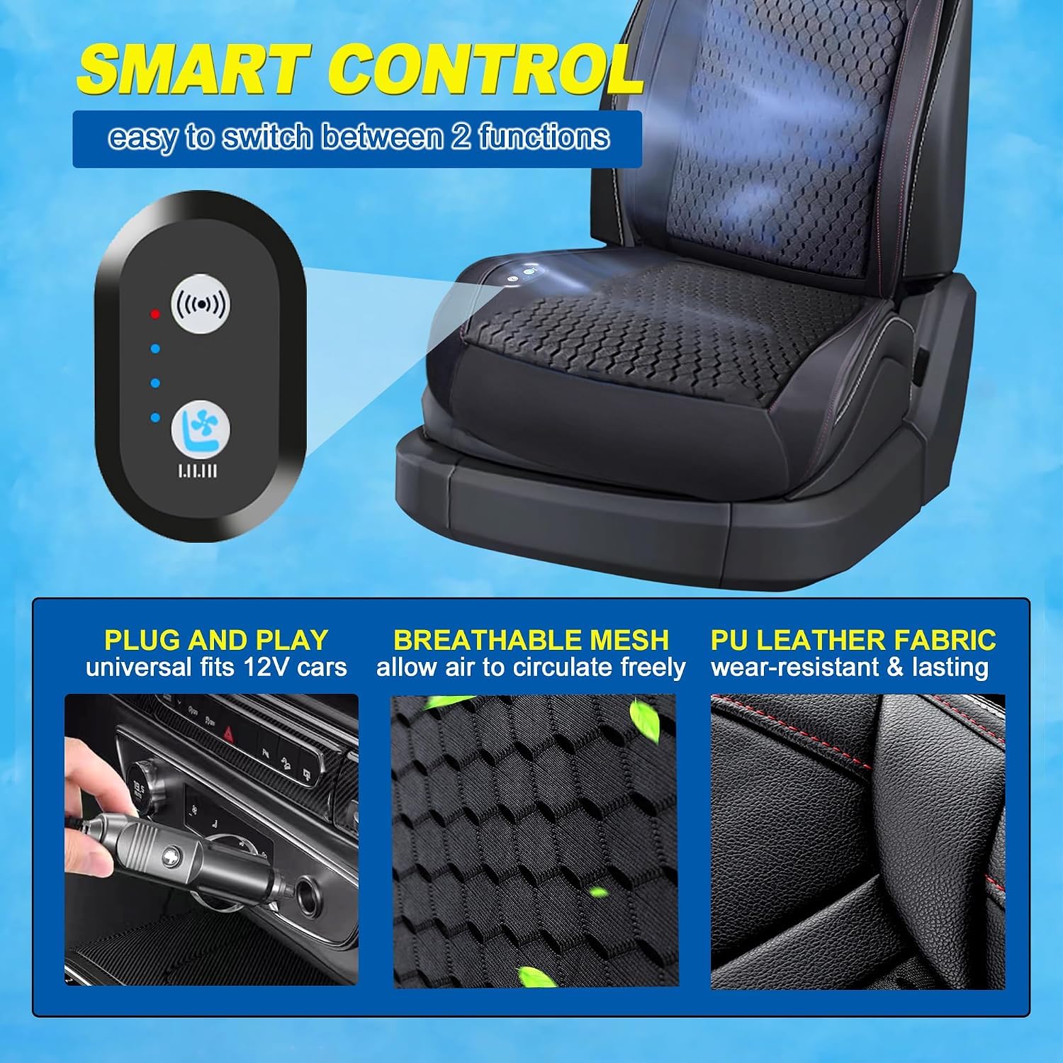 2026 Copertina per sedile auto rinfrescante 3-in-1 con massaggio, cuscino ventilato, 12V, traspirante, con 16 ventole, per seggiolino anteriore estivo, nero, 1 pezzo