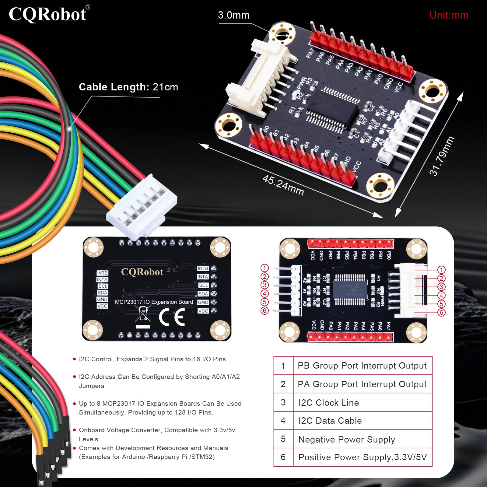 CQRobot MCP23017 IO Expansion Board Compatible with Raspberry Pi/Micro:bit/Arduino/STM32. I2C Interface Control, 2 Signal Pins Increase to 16 Input/Output Pins, Supports UP to 8 Simultaneous Uses.