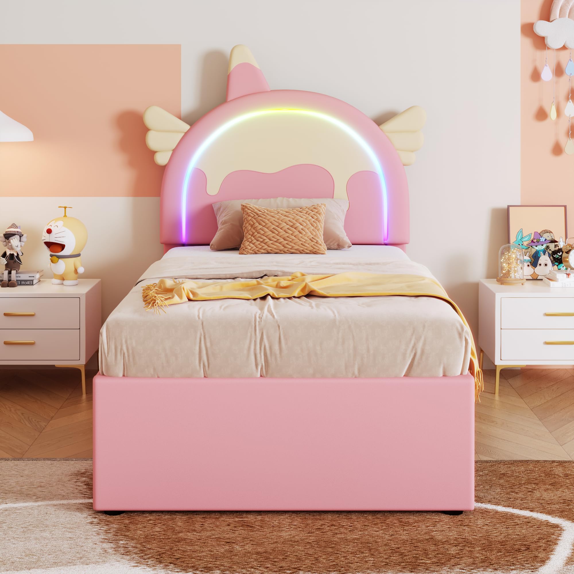 Cama Nido 90x200 cm Rosa con diseño de Unicornio y Cama extraíble con Ruedas cajones Inferiores Cama tapizada Cama Individual para Dormitorio Juvenil y Dormitorio