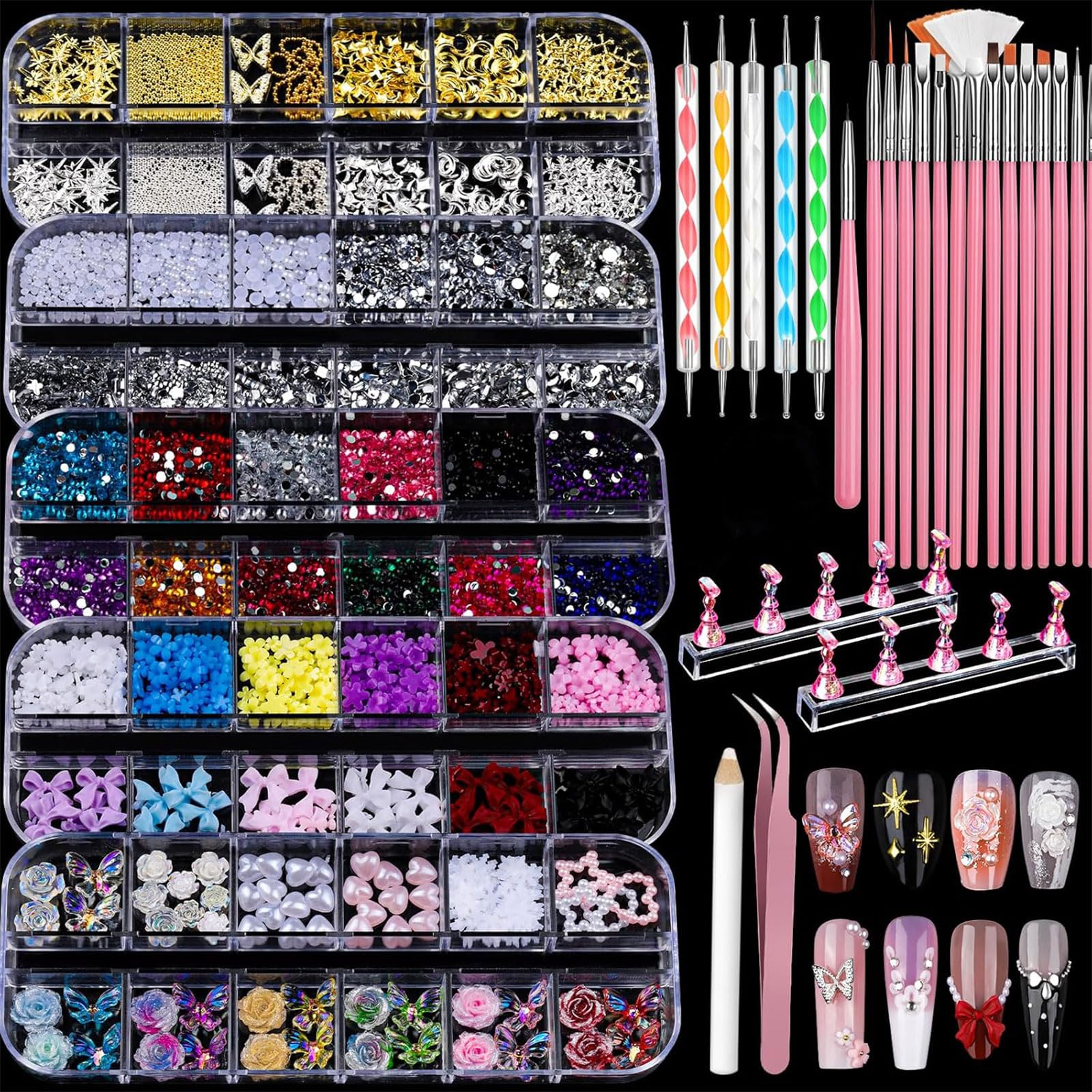 Kit d'Outils de Nail Art et Charms, Set de Nail Art avec 5 Boîtes de Charms 3D et Strass, 15 Pinceaux de Nail Art, 5 Outils de Pointage, 2 Supports de Vernis