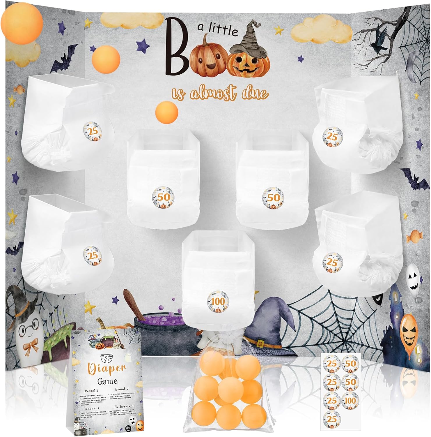 Ctosree 31 Pcs Little Halloween Boo Baby Shower Diaper Game 1 Diaper Baby Shower Game Board 7 Diapers 10 Plastic Balls 1 Organza Bag for Bridal Games Boy Girl