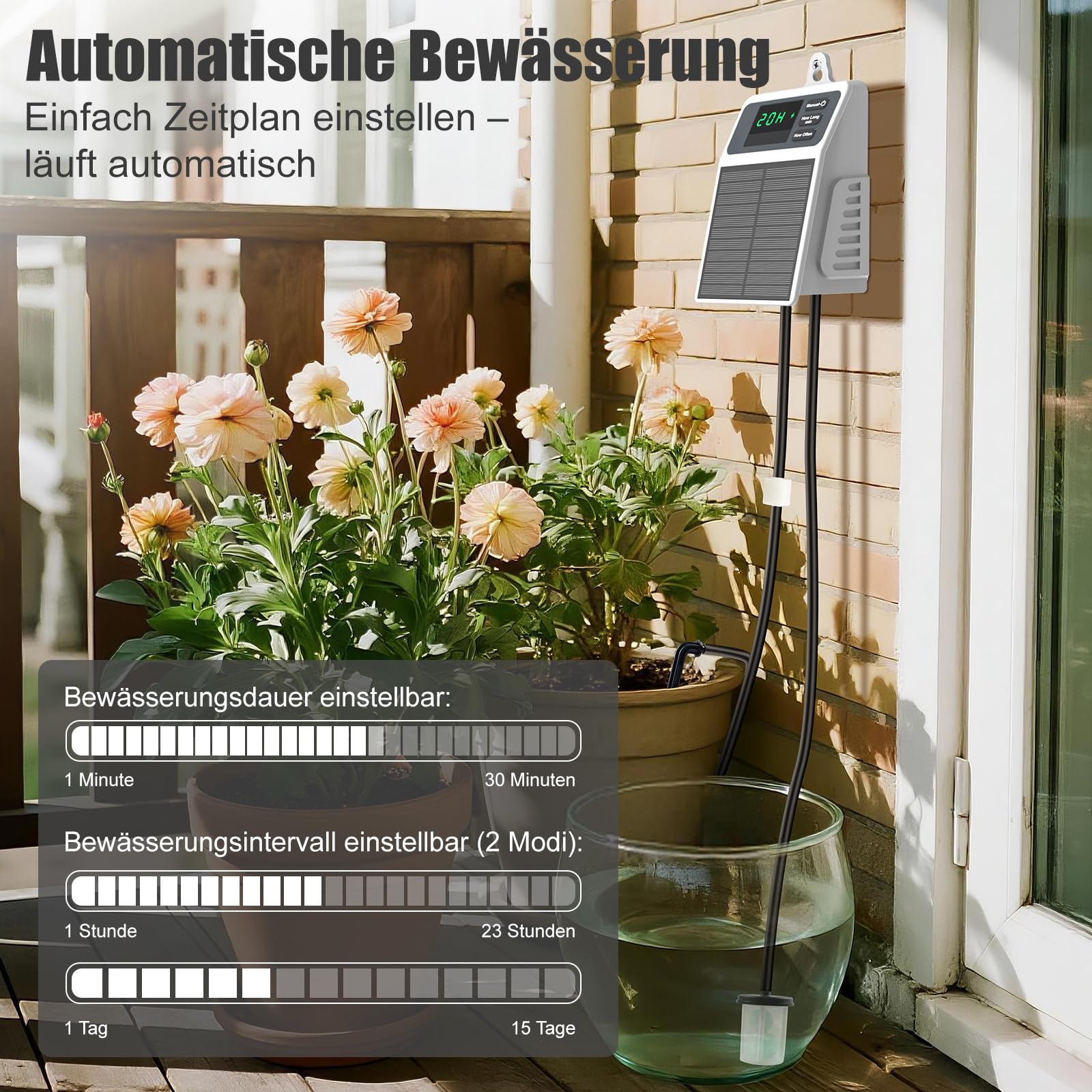 Uzoli SOP17 Solar Bewässerungssystem Garten mit 2200 mAh Akku | Automatische Tropfbewässerung mit 10m Schlauch • Einfach zu bedienen • Ideal für Balkon, Hochbeet, Gewächshaus, Topfpflanzen