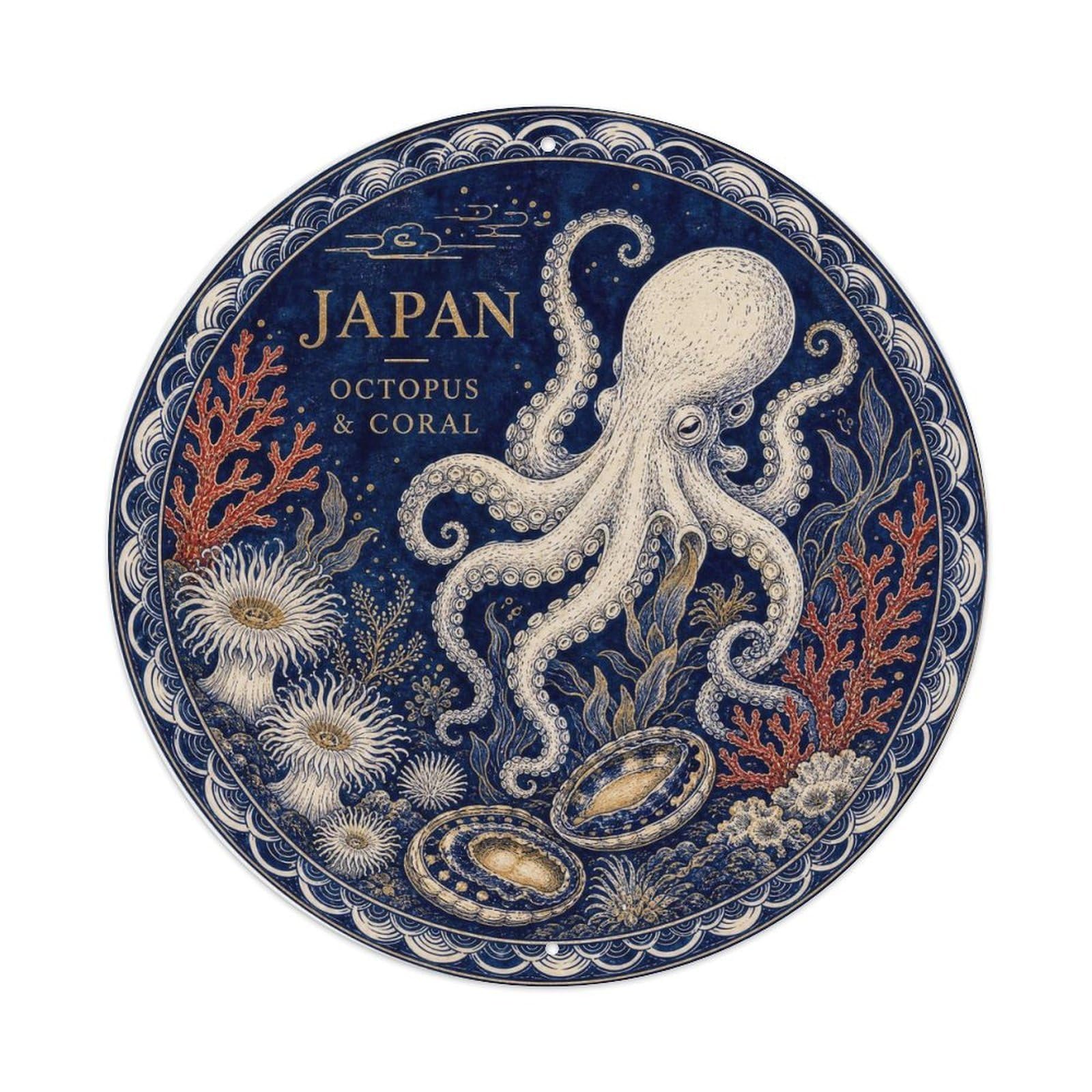 Olyhtr 8X8inch Classic Style Arita Japan Octopus Coral Ceramic Folk Pattern Metal Tin Sign