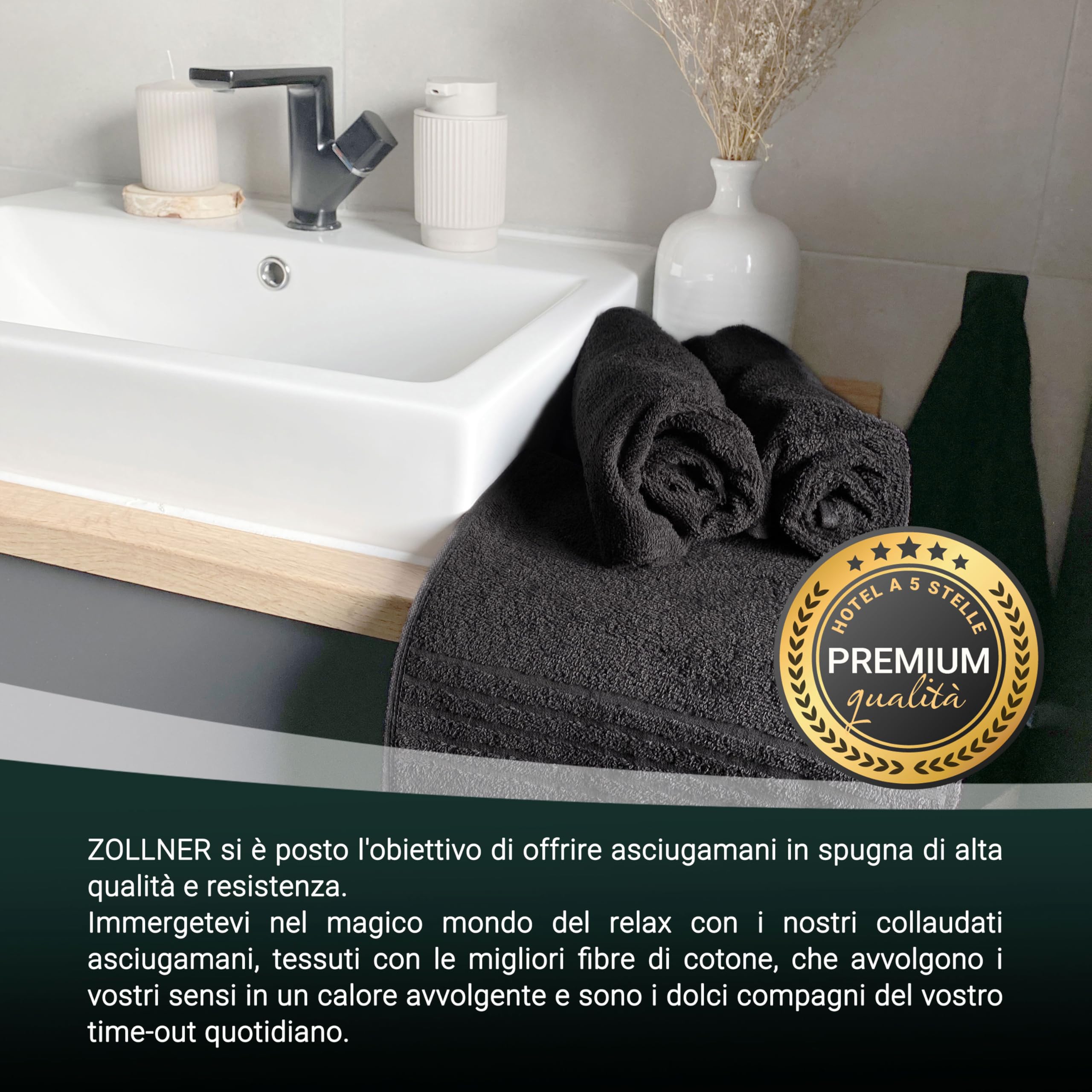 ZOLLNER 10 asciugamani da bagno, teli mani 50x100, nero - con gancetto - lavabili a 60°C - cotone - qualità d'albergo