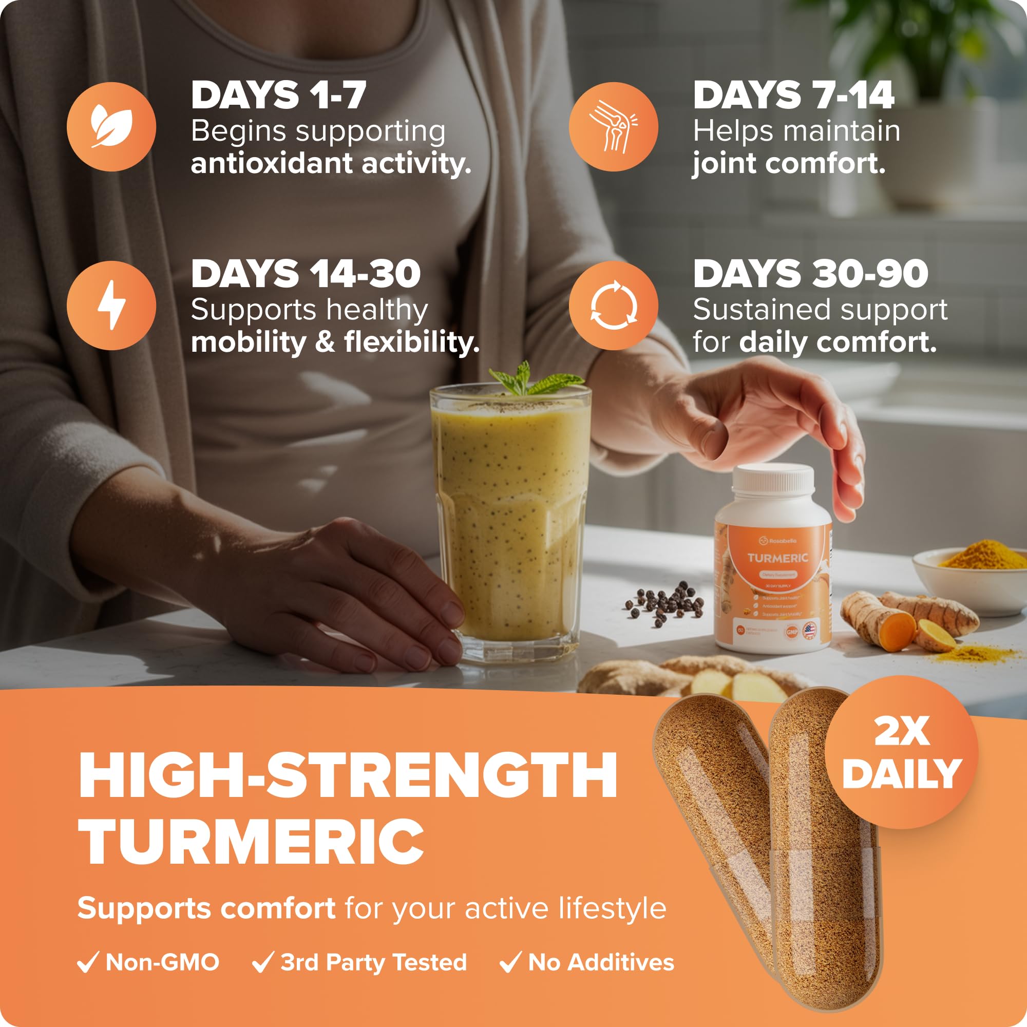 Rosabella Turmeric Curcumin Supplement – Organic Turmeric Supplement with BioPerine & Ginger, Turmeric Capsules for Joint Comfort, Mobility & Antioxidant Wellness – 60 Count (Pack of 1) — Amazon image 3