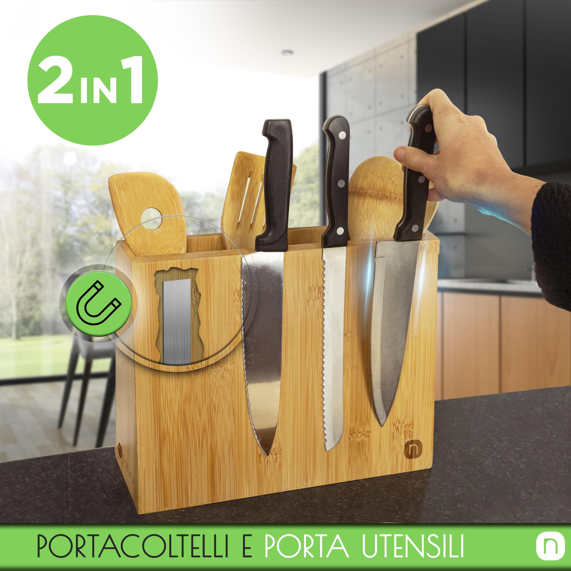 naturlik portacoltelli magnetico con 5 mestoli inclusi - 2 in 1: portacoltelli e portautensili da cucina - Portacoltelli da cucina in bambù - Organizzatore cucina