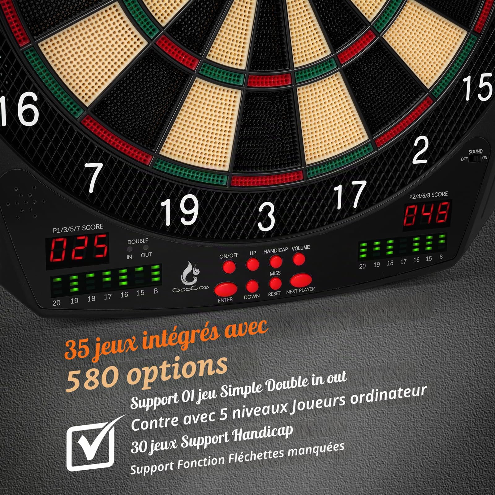 Cible de fléchettes électronique, 35 Jeux et 580 Variantes - Jeu de fléchettes électriques à Pointe Souple - Cibles numériques pour Adultes avec 6 fléchettes, 100 Pointes Souples