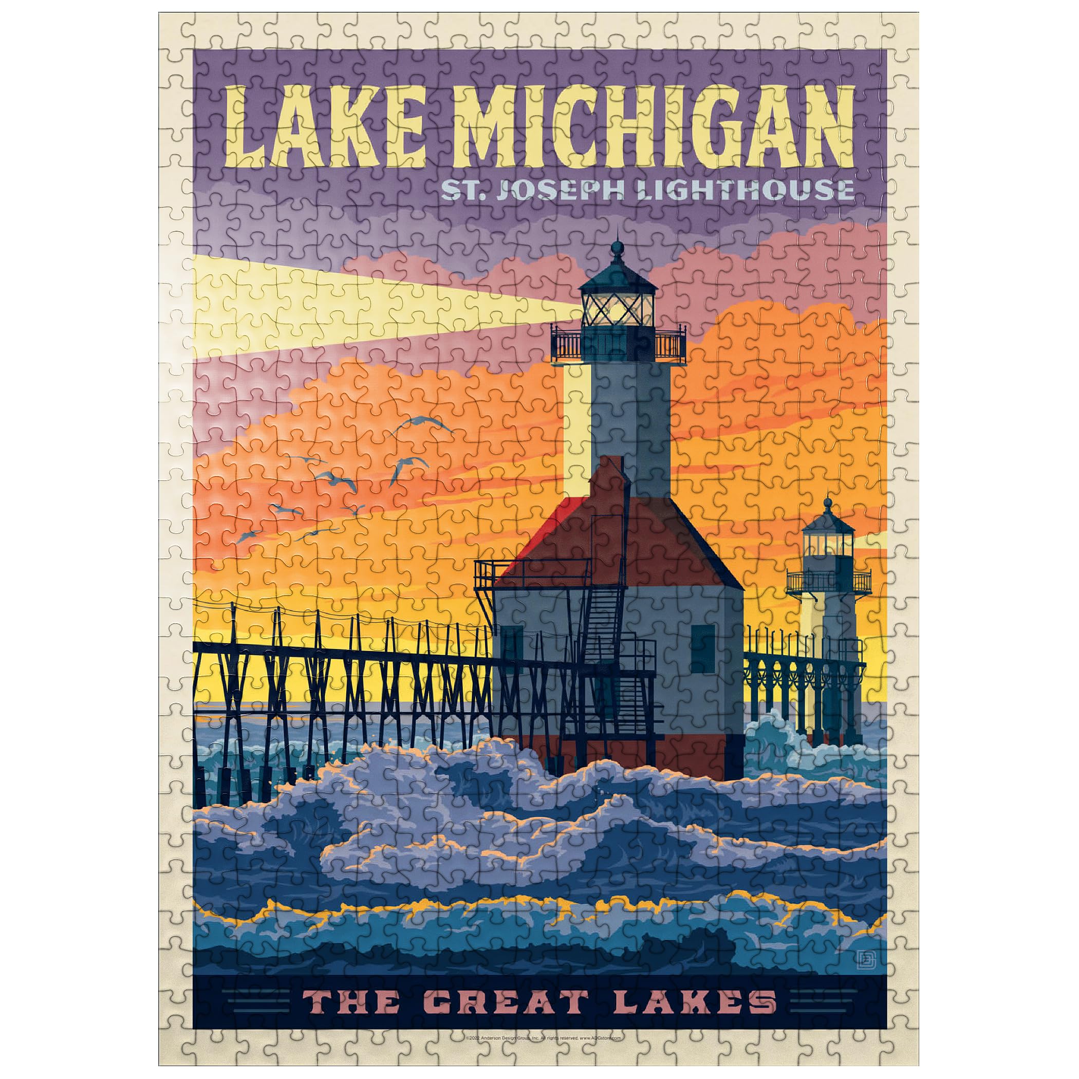 MyPuzzle Great Lakes: Lake Michigan, Vintage Poster - Premium 500 Piece Jigsaw Puzzle for Adults