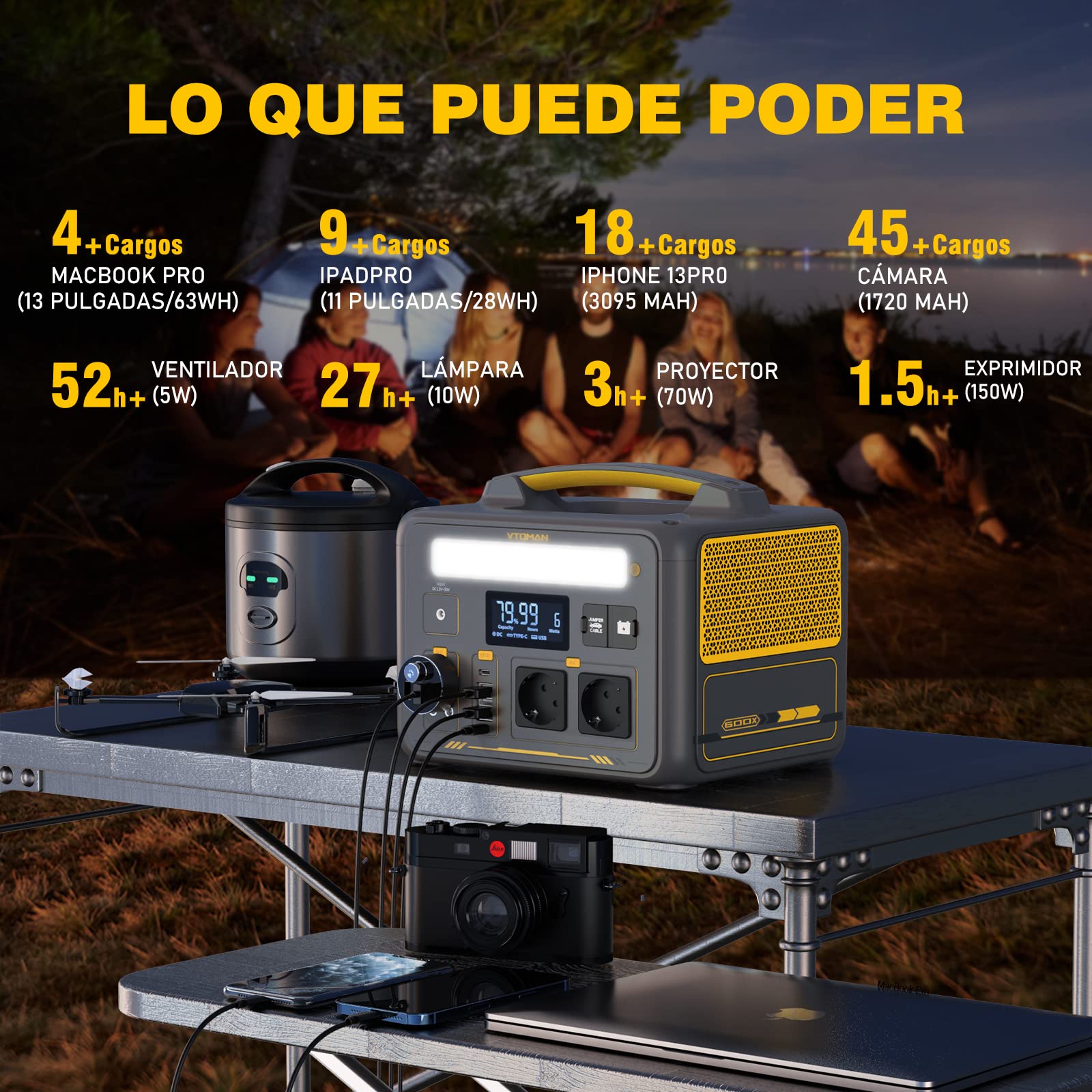 VTOMAN Jump 600X Estación de Energía Portátil, 600W/299Wh | Generador Solar, LiFePO4 Batería, 2 Salidas CC Ajustar de 12V/10A, Capacidad Ampliable a 939Wh, Acampada, Autocaravana, Pesca
