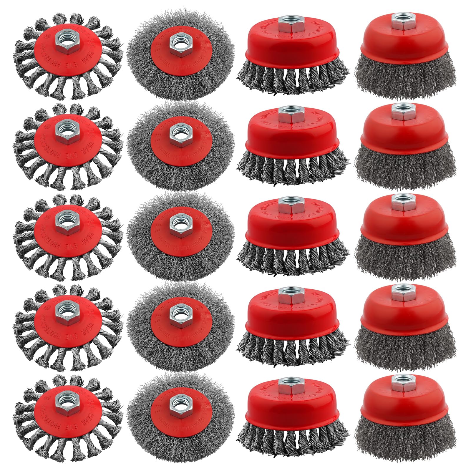 Rocaris Paquete de 20 cepillos de copa de rueda de alambre, 4 pulgadas trenzado anudado y grueso para amoladoras angulares, eje roscado de 5/8 a 11 pulgadas para taladro