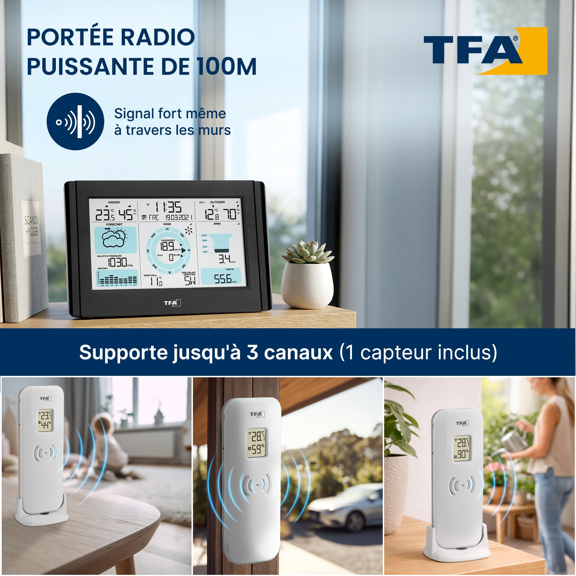 TFA Dostmann Weather Pro Station météo sans fil, 35.1161.01, avec anémomètre, pluviomètre, capteur extérieur, prévisions météo avec symboles, température int./ext., numérique, noir