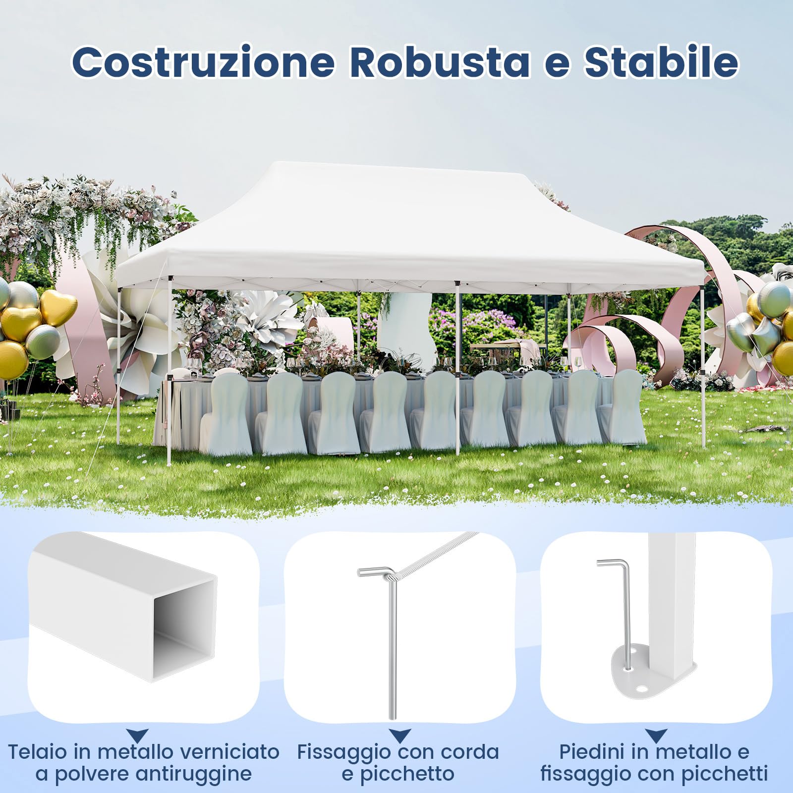 RELAX4LIFE Gazebo Pieghevole Pop-Up 3x6M con Altezza Regolabile, UV50+, 12 Picchetti, 6 Corde/Sacchi di Sabbia, Resistente per Feste e, Matrimoni,Giardino