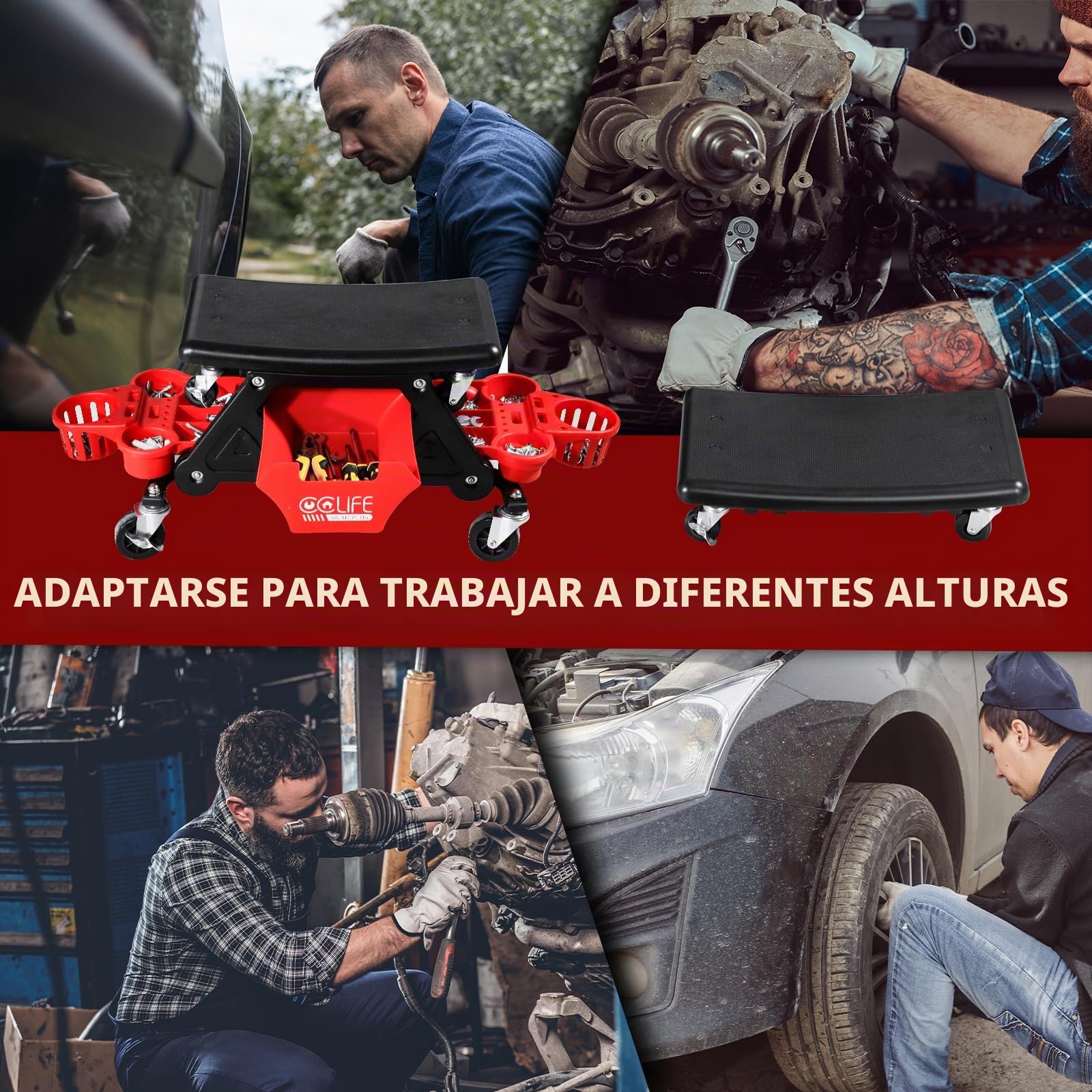 CCLIFE Taburete Mecánico con Ruedas, Asiento de Taller con Bandejas para Herramientas, Carga Máxima 180kg, Ideal para Reparación de Automóviles