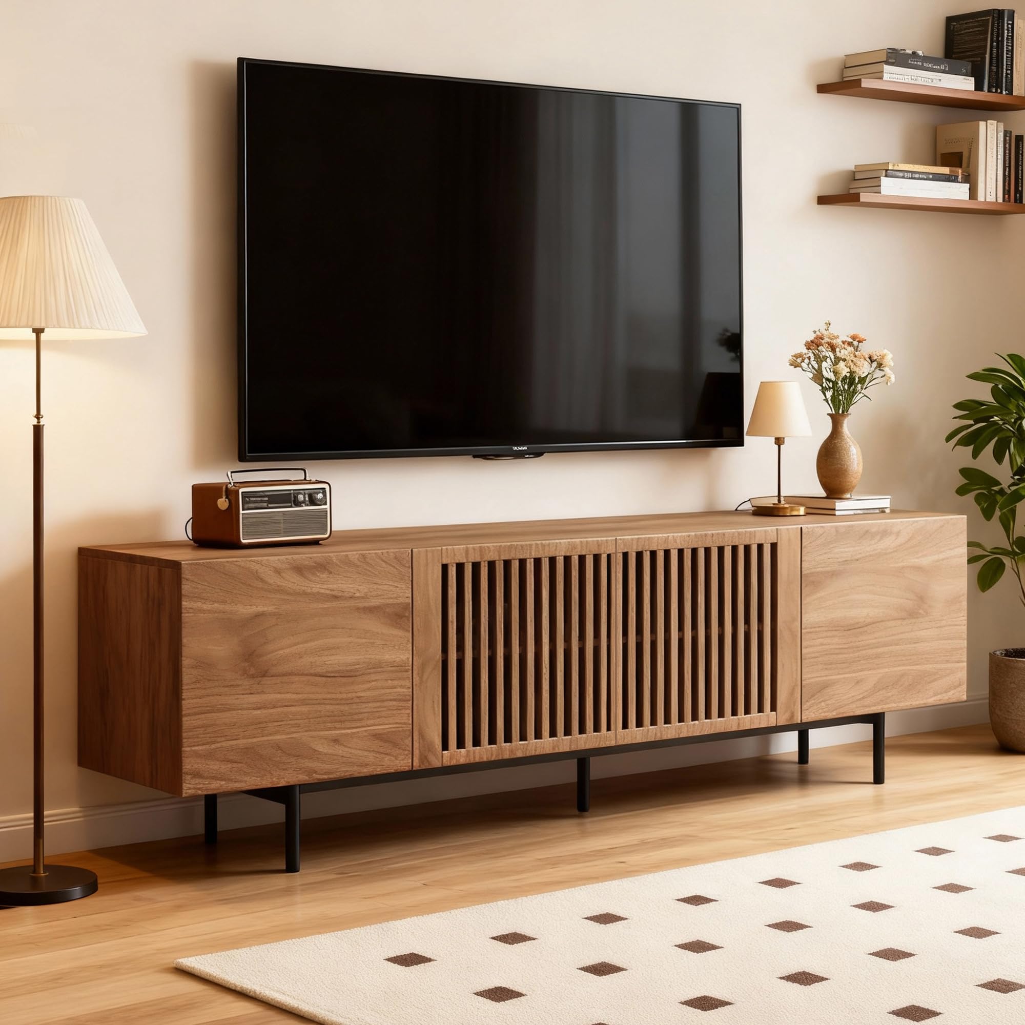70.87" Mid-Century Modern TV Stand, Entertainment Center with 4 Storage Cabinets, Media Console Table for Living Room & Bedroom,Walnut (incomplete)