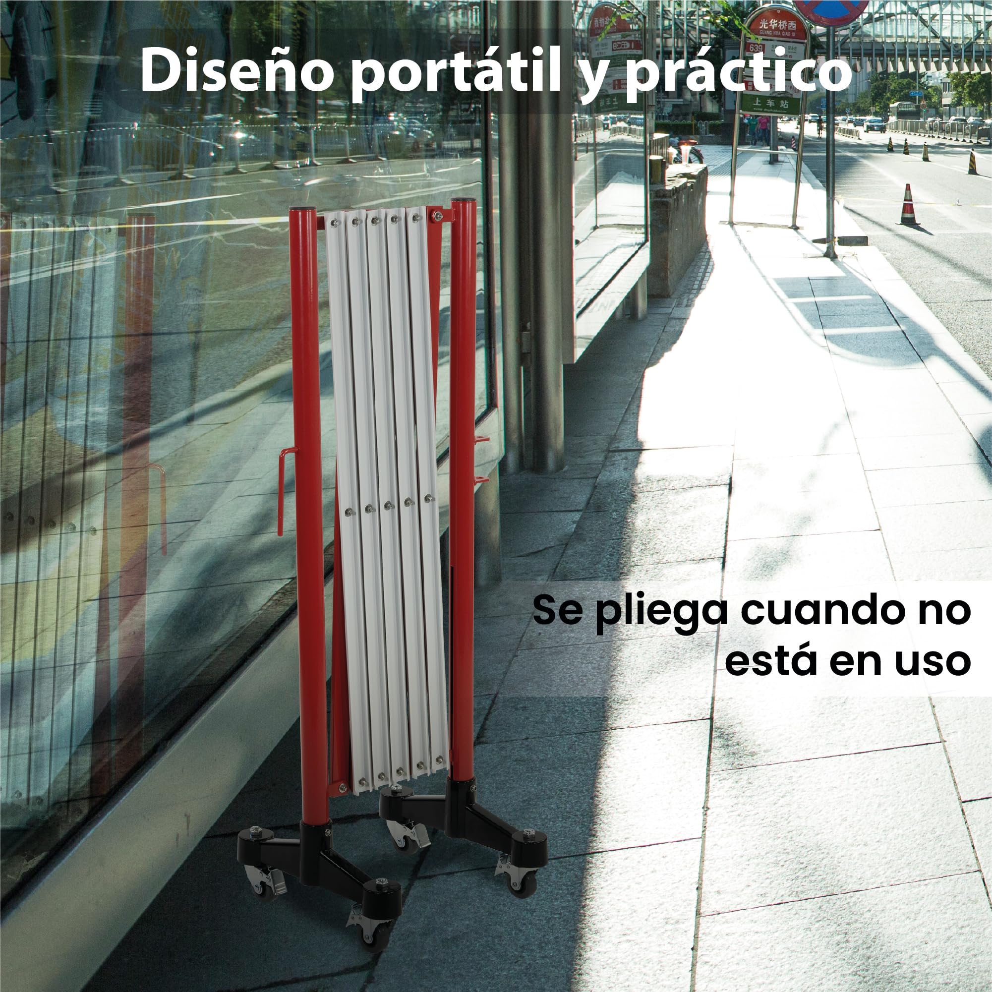 EberSign | Valla Extensible Recta de 3m con Ruedas, Barrera de Acero Portátil (Blanco/Rojo)