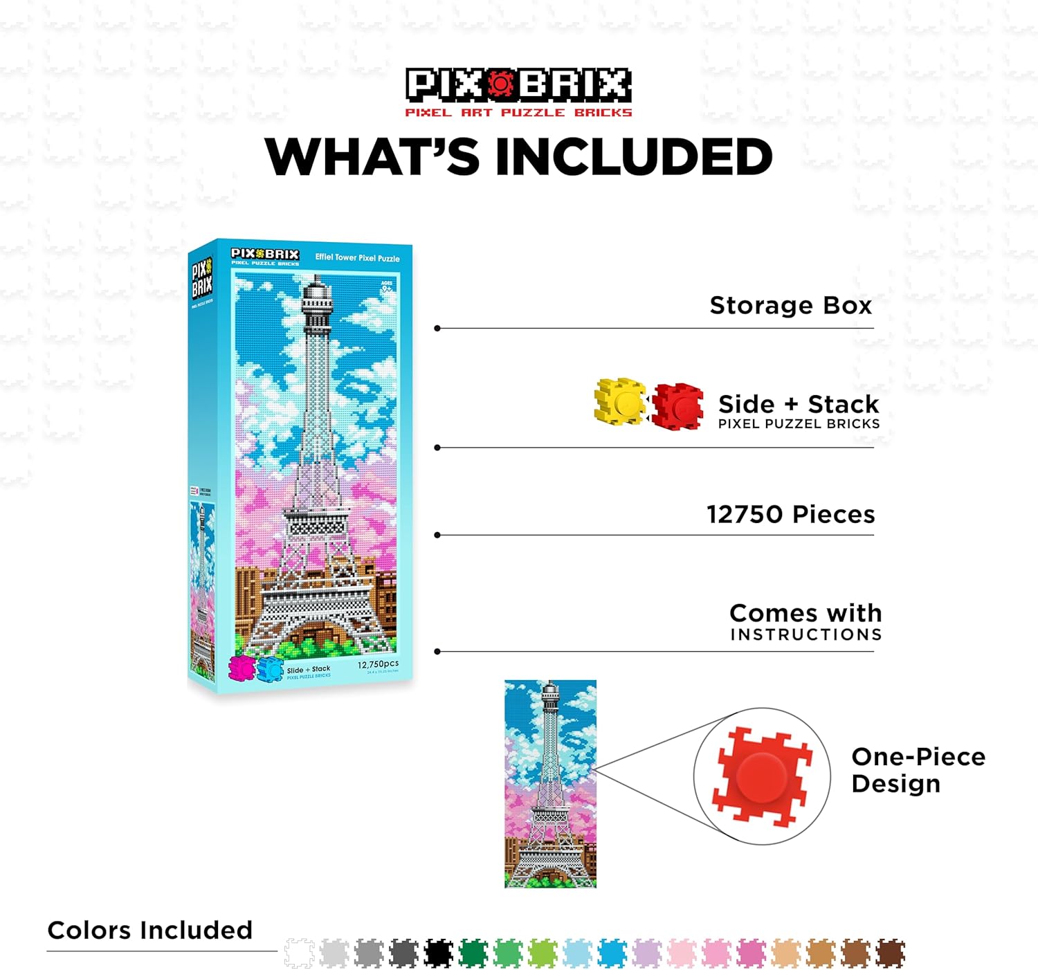 Pix Brix Pixel Art kit Puzzle Bricks - Eiffel Tower 12,750 Pieces - Patented Colorful Building Bricks, Create 2D and 3D Builds Without Water, Iron or Glue - Stem Toys for Adults and Kids