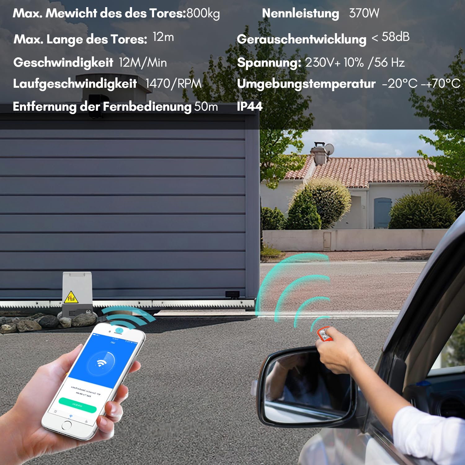 Fiqops 550W Motores Puertas Correderas máx 1200KG, Smart WiFi Accionamiento Eléctrico De Puerta con 4M Cremallera, 2 Control Remoto y la función de cierre automático para Puerta de Garaje