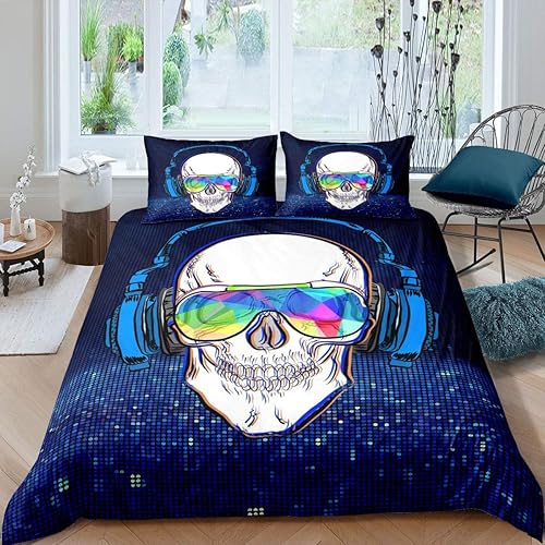 Erosebridal Juego de ropa de cama con diseño de calavera con auriculares para niños, funda de edredón de calavera musical, tamaño King, diseño de