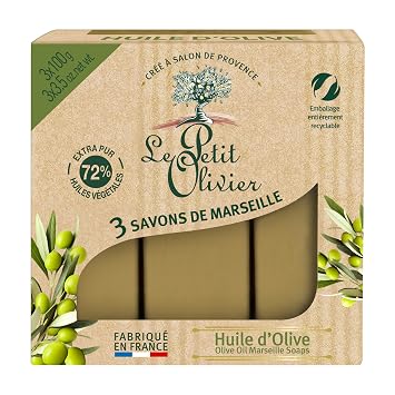 Le Petit Olivier Olive Oil Marseille Soaps, 3 x 3.5 oz - Enriched with Olive Oil and Natural Extracts - Mild and Gentle - Cruelty-Free - Paraben-Free - Natural Soap