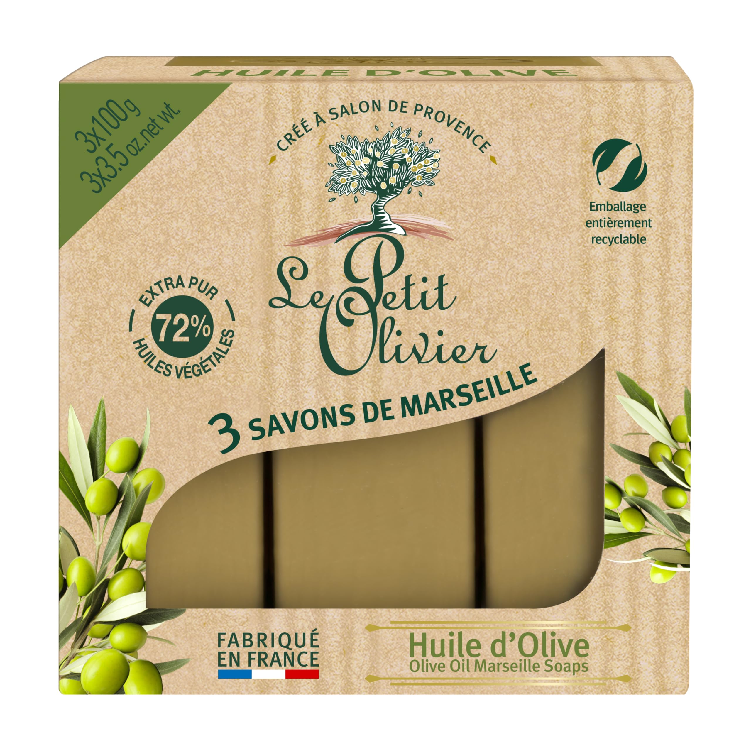 Le Petit Olivier - 3 Soaps de Marseille olive oil - made in France - 3 x 100 g