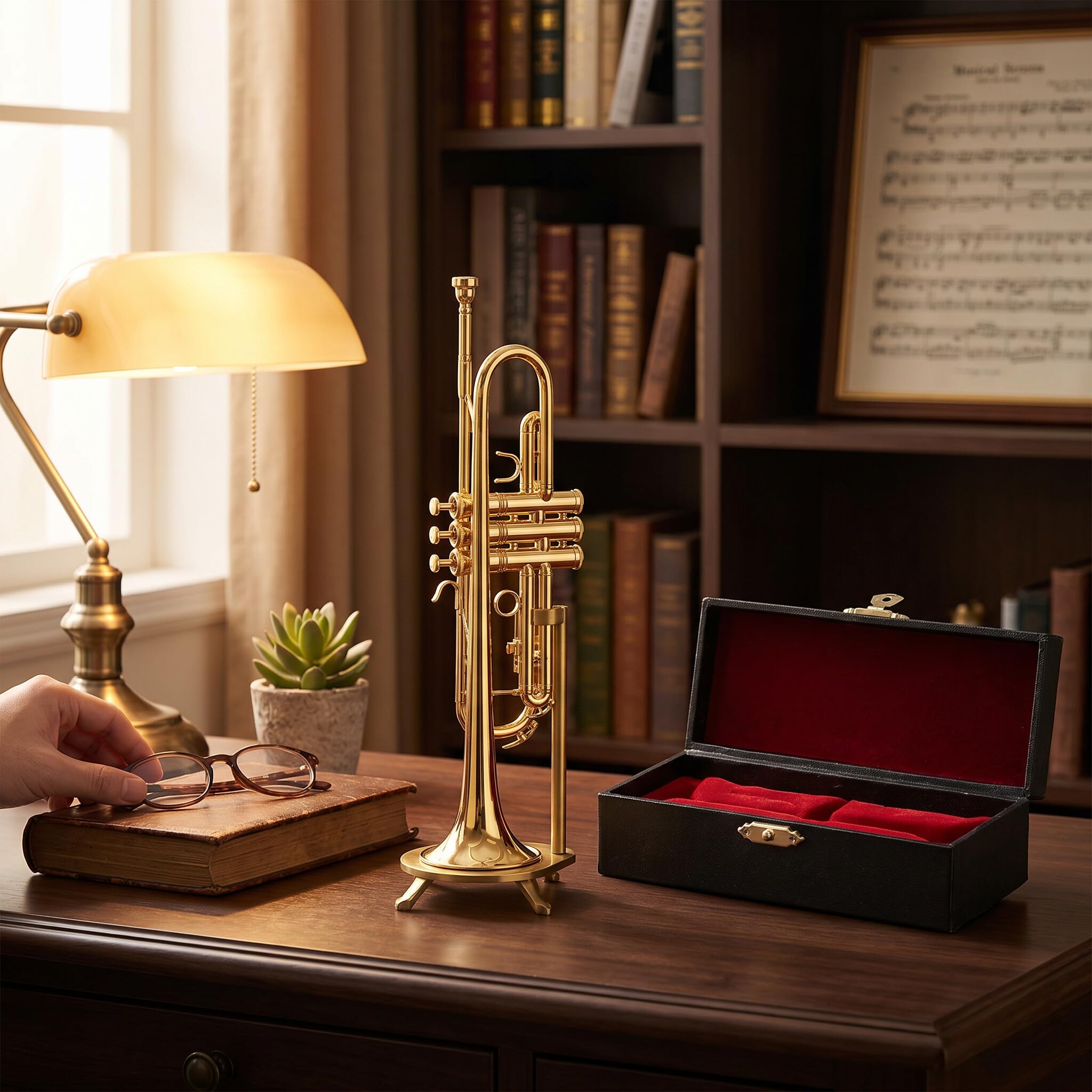 Trompeta Miniatura Réplica Mini Trompeta Caja Regalo Instrumento Musical Mini Modelo Instrumento Chapado Oro Adornos Musicales