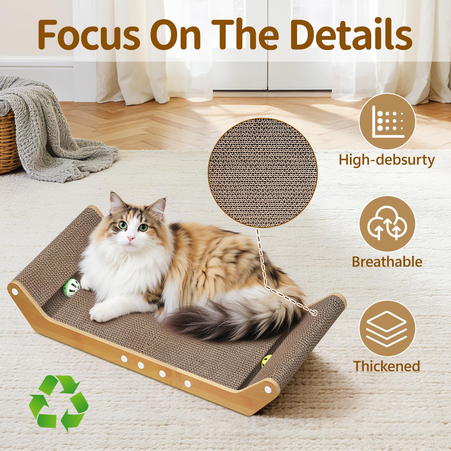 Rascador para gatos y gatitos en casa, 60 cm, resistente a la abrasión, de cartón ondulado con rieles y pelota, apto para salón y dormitorio