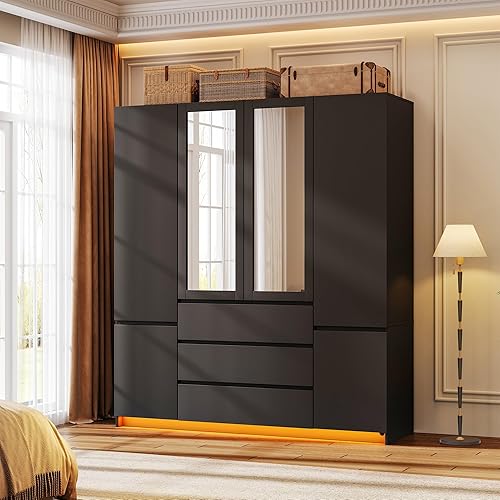 Armoire Wardrobe Closet, 71'' Wooden Clothing Storage Cabinet with 6 Doors 3 Drawers, Large Capacity Storage with Mirrors, Hanging Rods and LED Lights for Bedroom (Black)