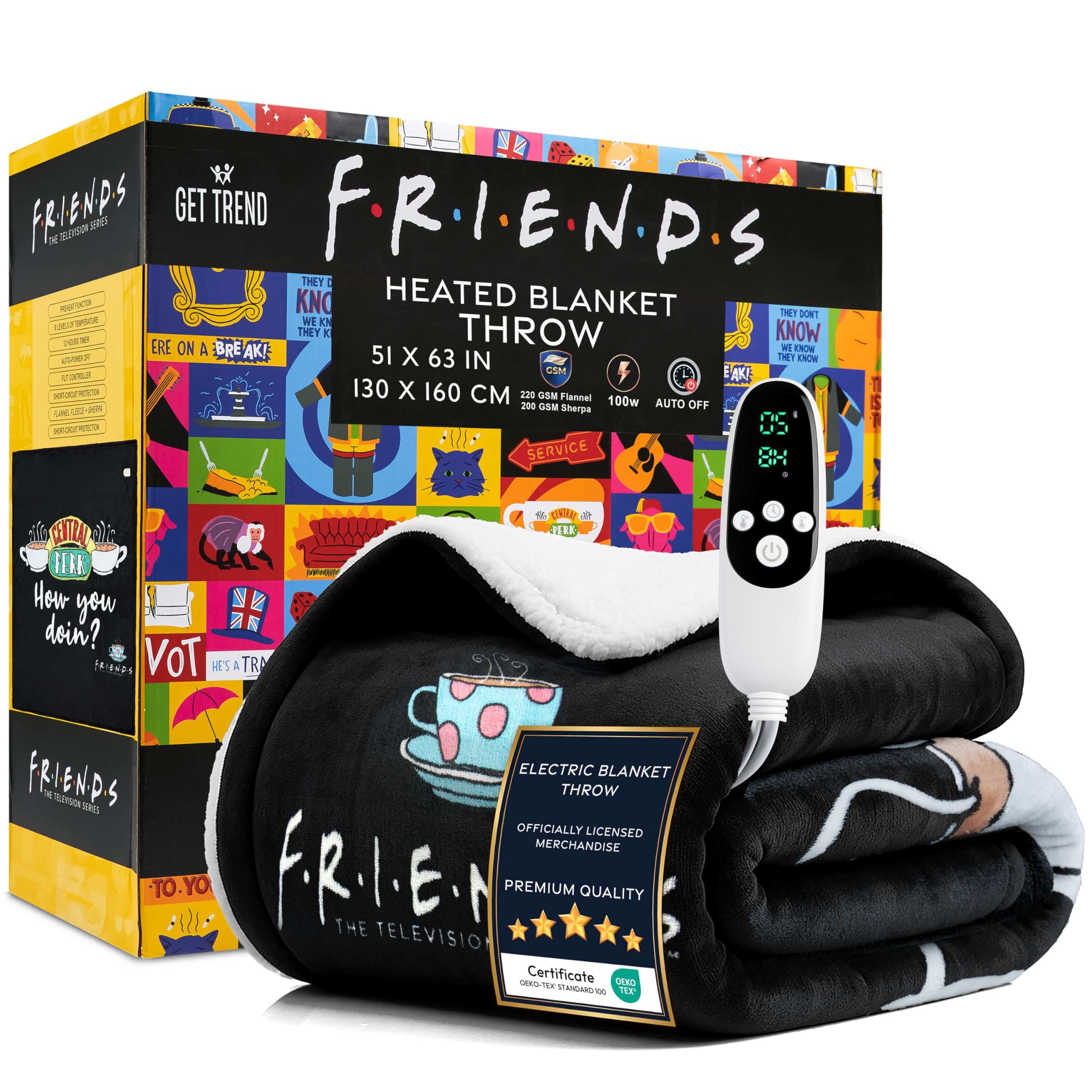FRIENDS Electric Blanket 130x160cm, Single Size Soft & Luxurious Sherpa Fleece Heated Blanket, 9 Heat Settings & 12-Hour Auto-Off Timer (Black Friends, Throw UK)