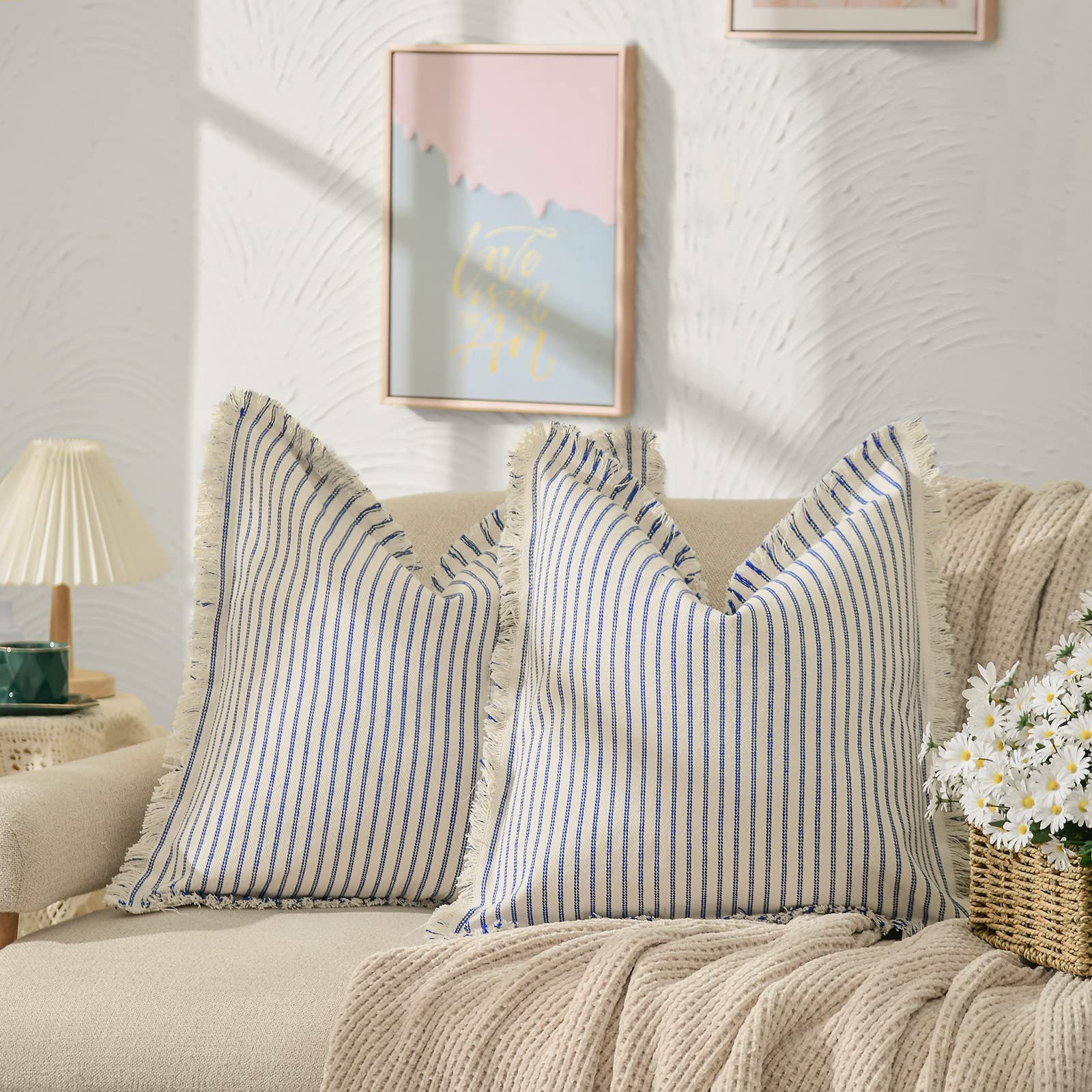 ZWJD Throw Pillow Covers 24x24 Set of 2 Striped Pillow Covers with Fringe Chic Cotton Decorative Pillows Square Cushion Covers for Sofa Couch Bed Living Room Farmhouse Decor